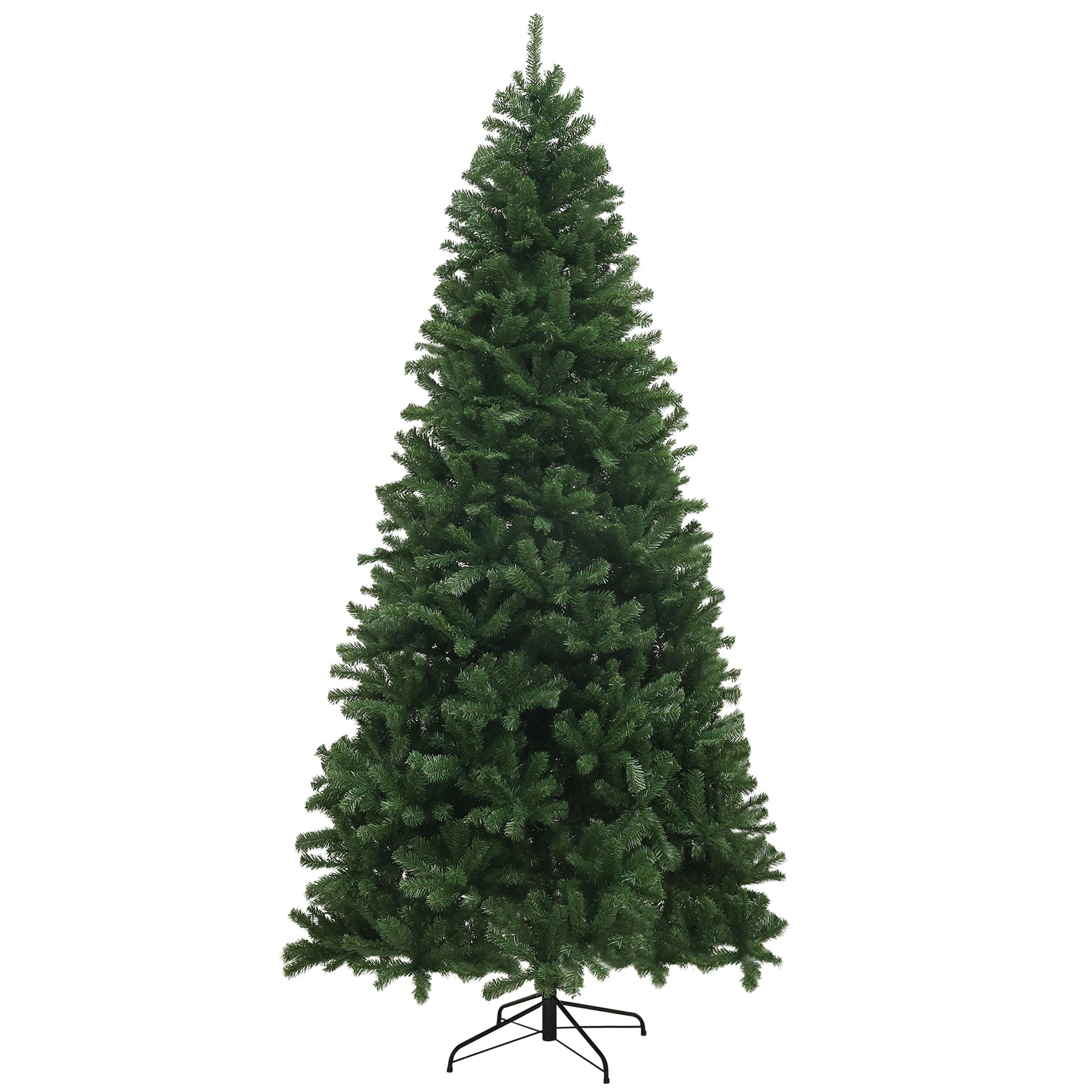 Full tall green artificial Christmas tree with metal stand ready for holiday decoration