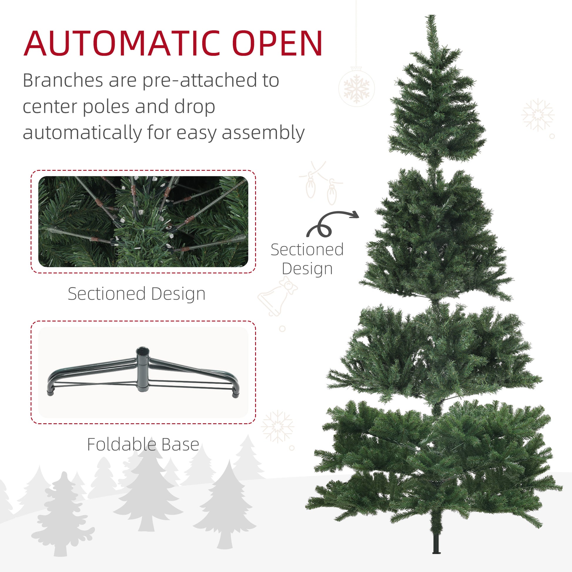 Sectioned artificial Christmas tree with preattached branches for easy assembly