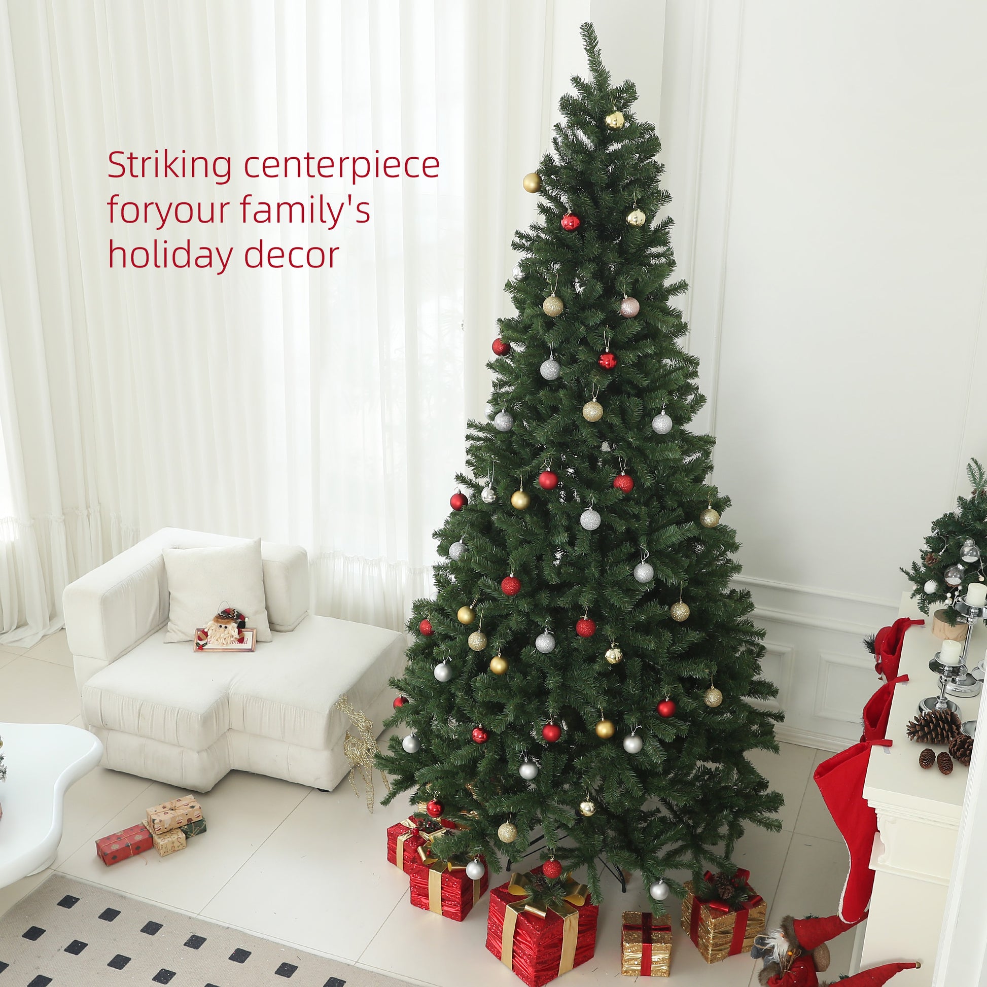 Full foot artificial Christmas tree with red gold and silver ornaments