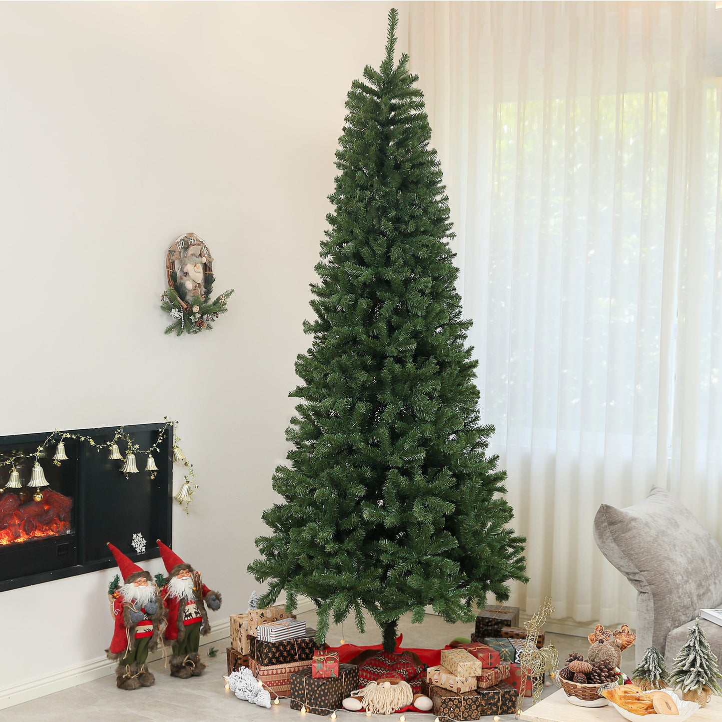 Tall lush artificial Christmas tree with dense green needles ready for festive decor