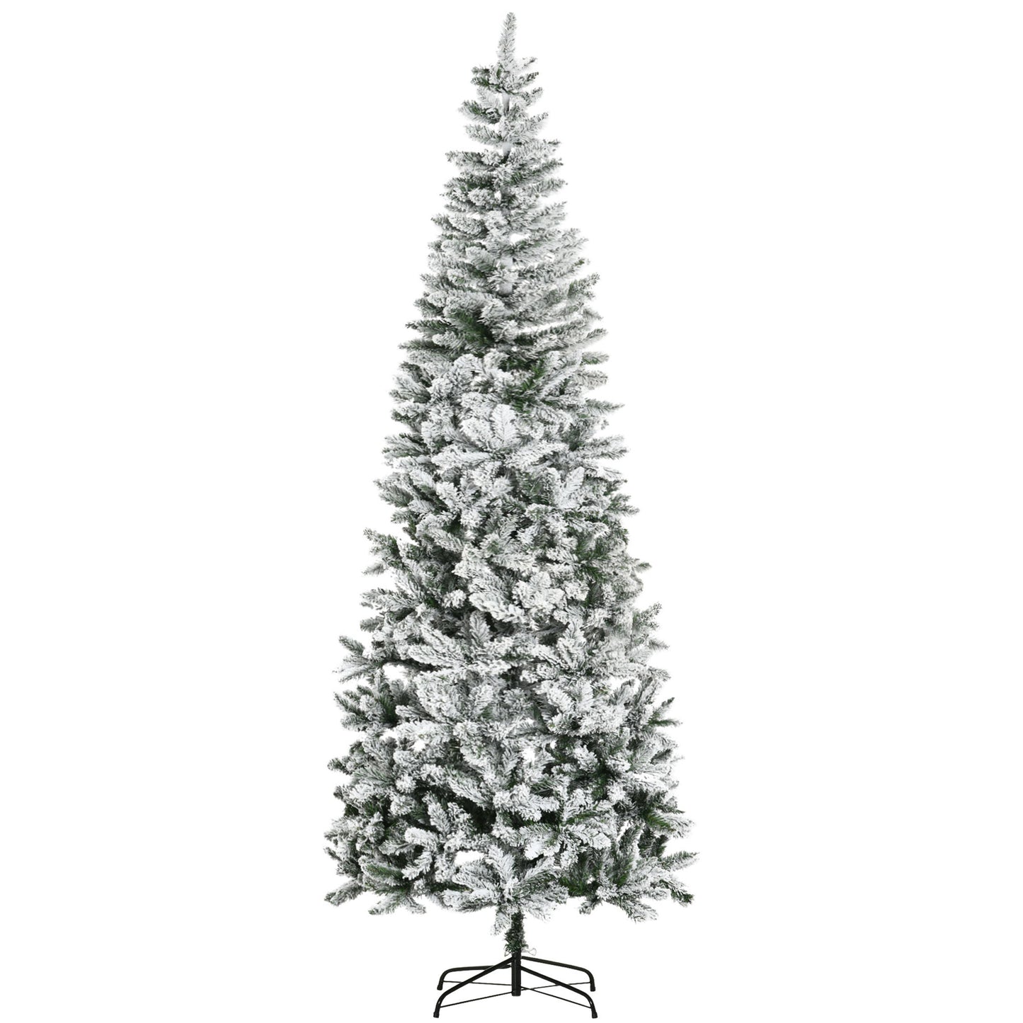 Tall flocked Christmas tree with a white snowlike dusting on its green branches perfect for holiday decor