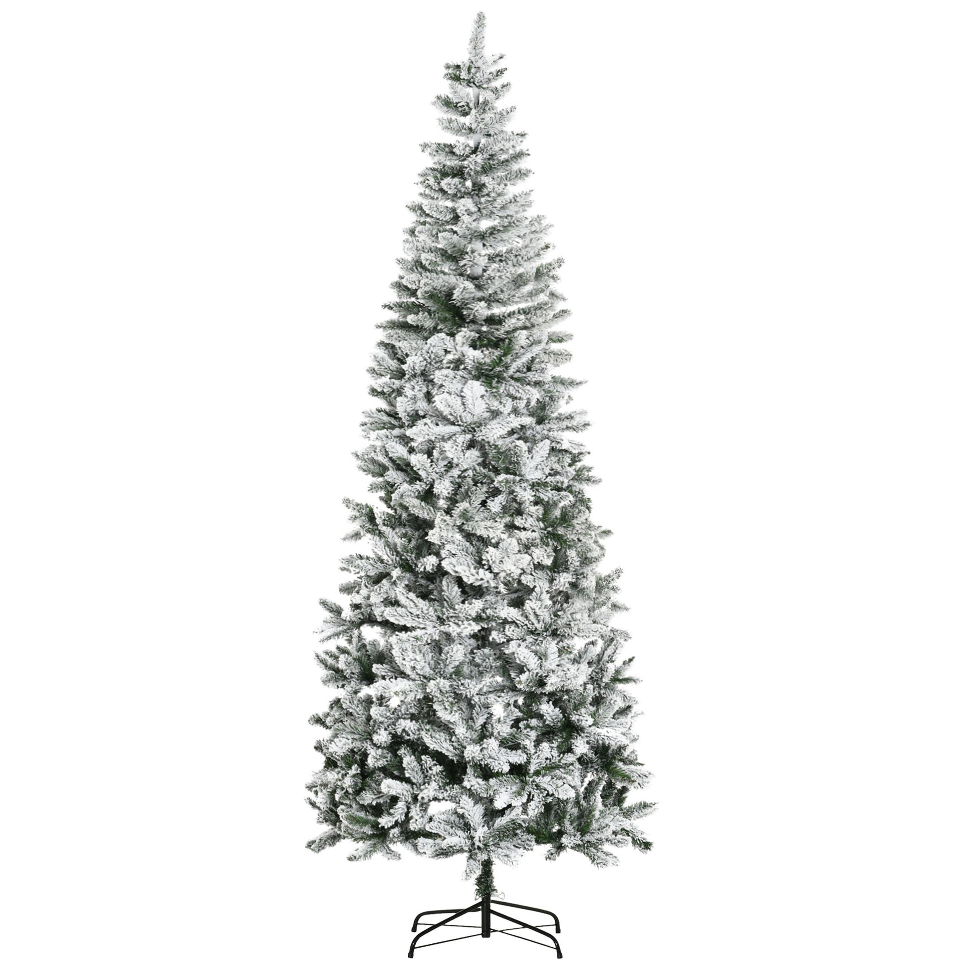 Tall flocked Christmas tree with a white snowlike dusting on its green branches perfect for holiday decor