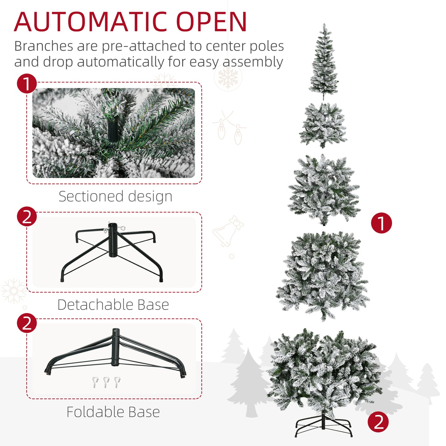 Flocked artificial Christmas tree with sectioned design for easy assembly