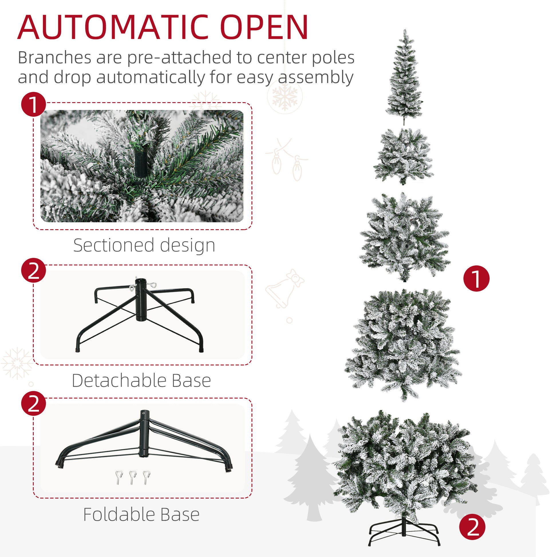 Flocked artificial Christmas tree with sectioned design for easy assembly