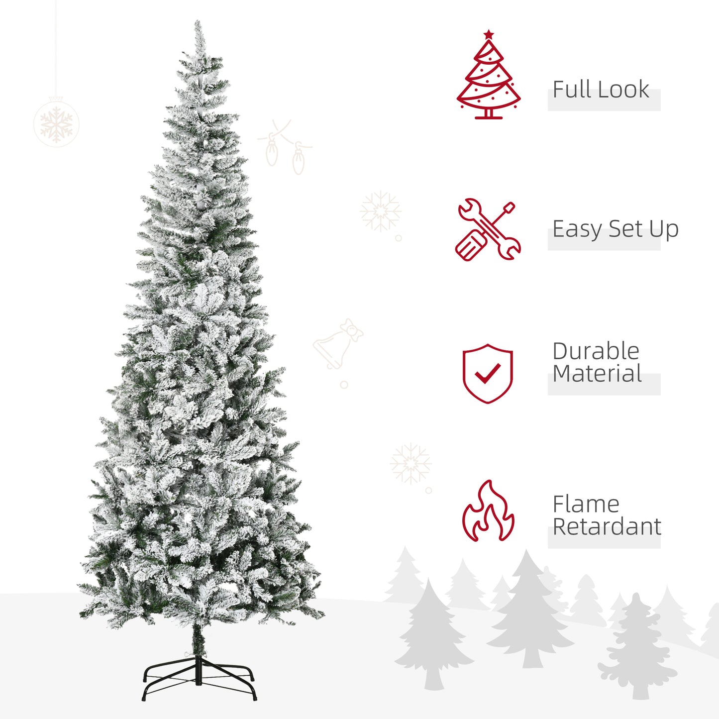Flocked artificial Christmas tree with a full slender silhouette for holiday decorating
