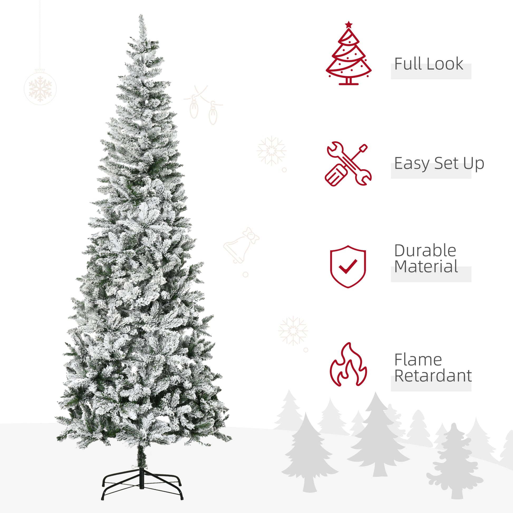Flocked artificial Christmas tree with a full slender silhouette for holiday decorating