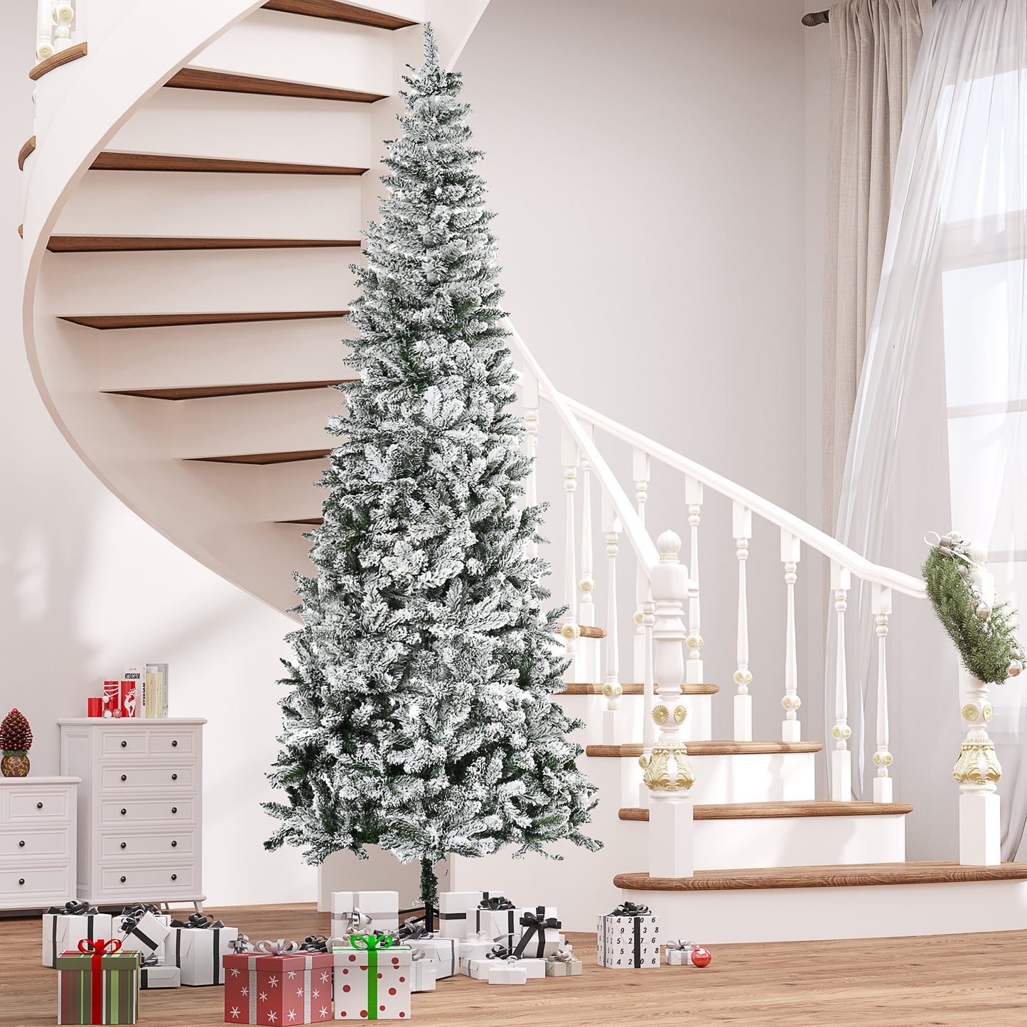 Flocked artificial Christmas tree with flocked branches set in a festive home entryway with gifts