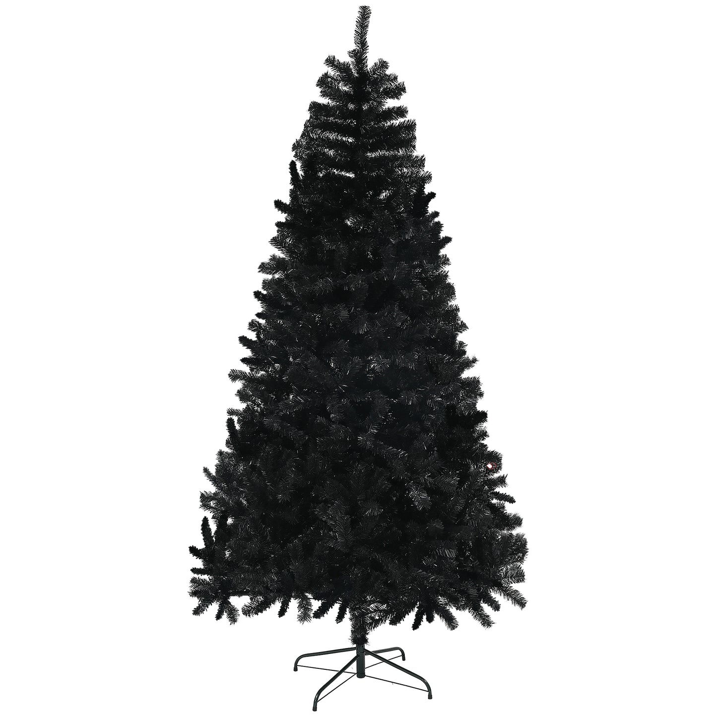 Tall black artificial Christmas tree with dense foliage and metal stand perfect for modern holiday decor