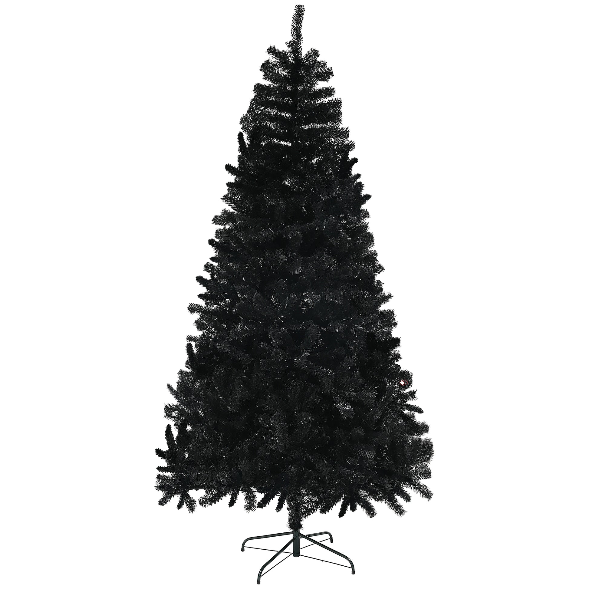 Tall black artificial Christmas tree with dense foliage and metal stand perfect for modern holiday decor