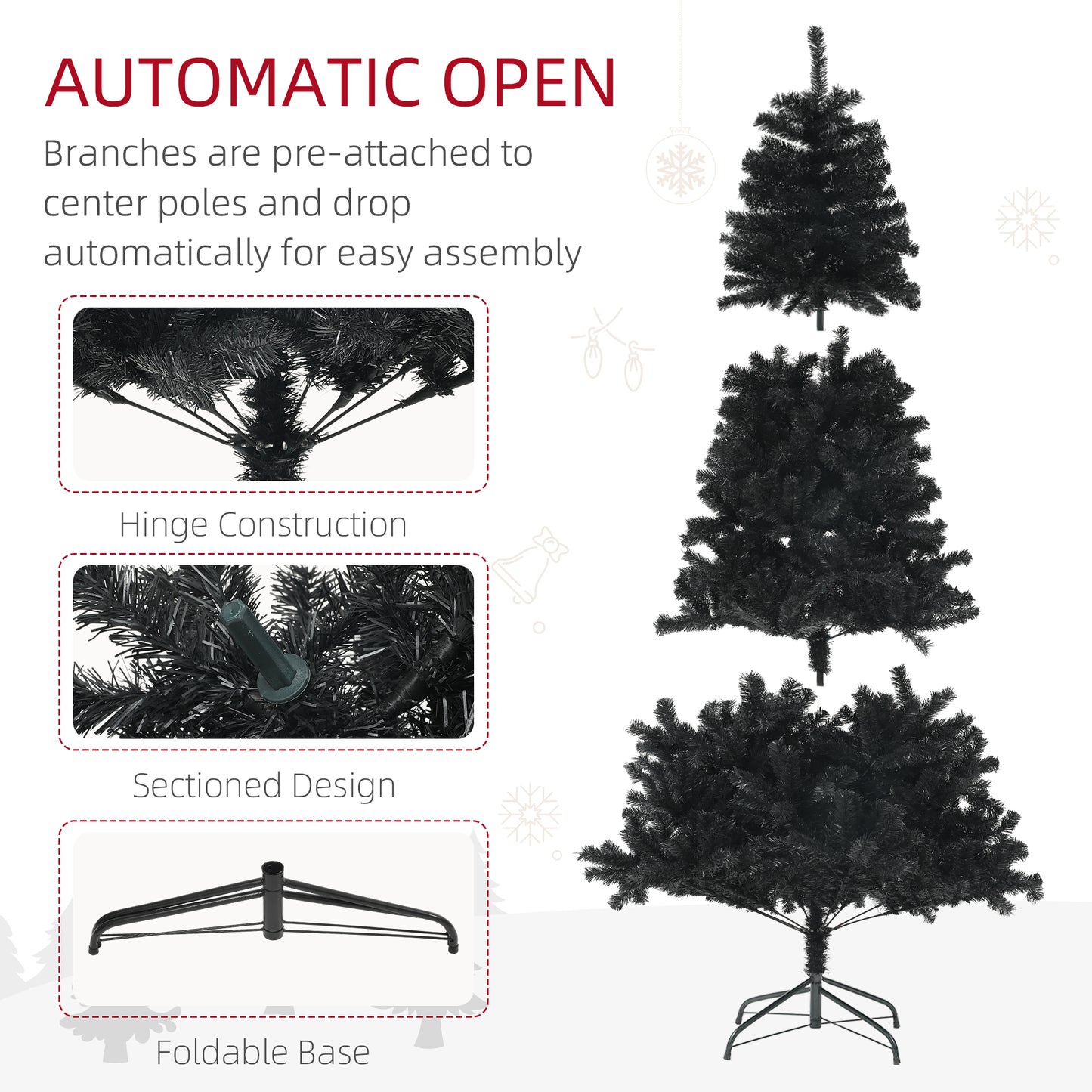 Black artificial Christmas tree with preattached branches and foldable metal base