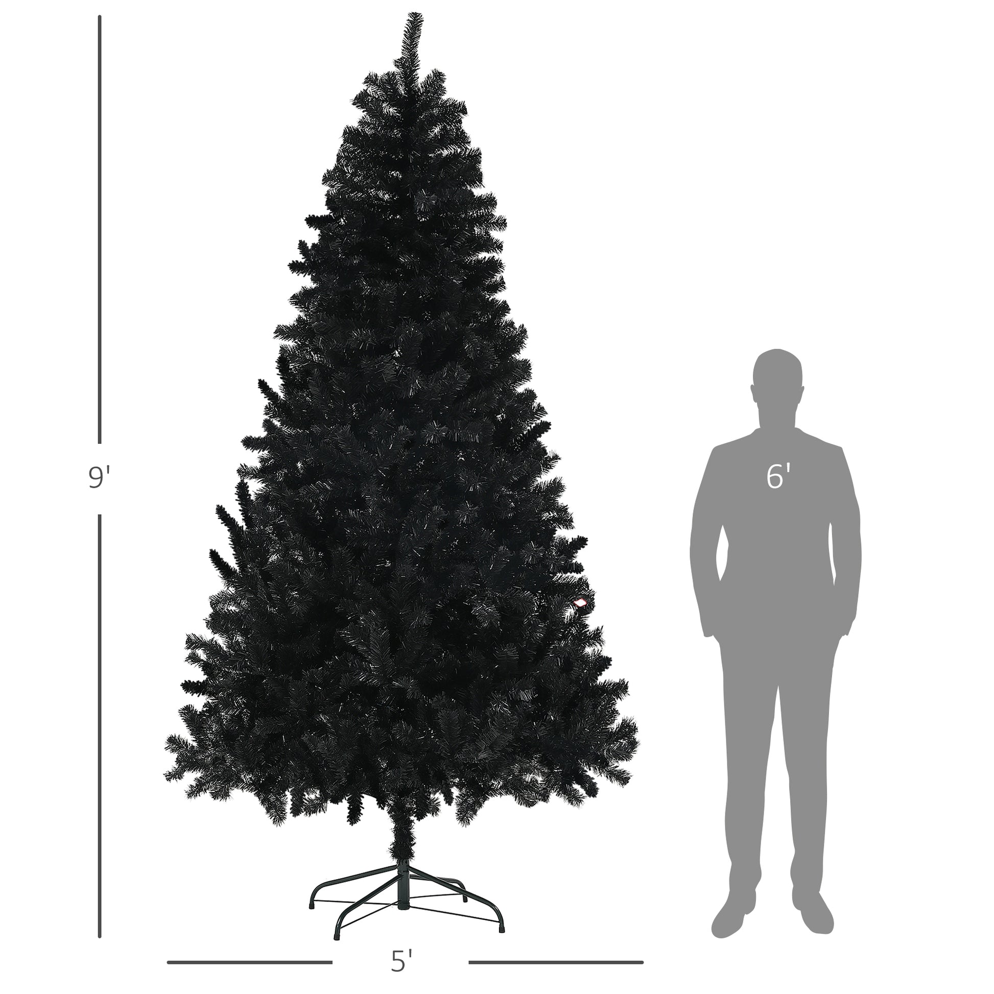 A foot tall fullbodied black artificial Christmas tree with a metal stand