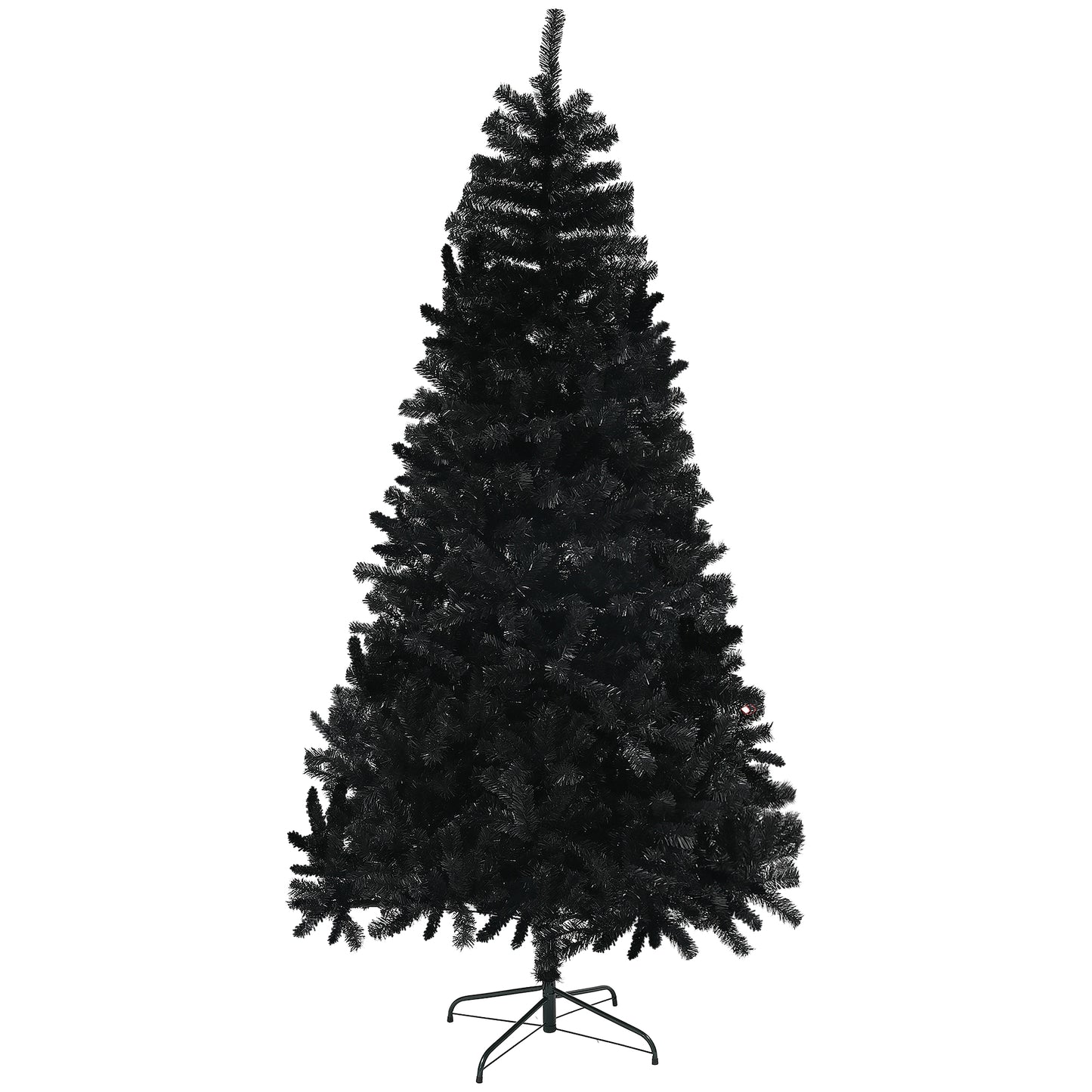 Tall full artificial black Christmas tree on a metal stand