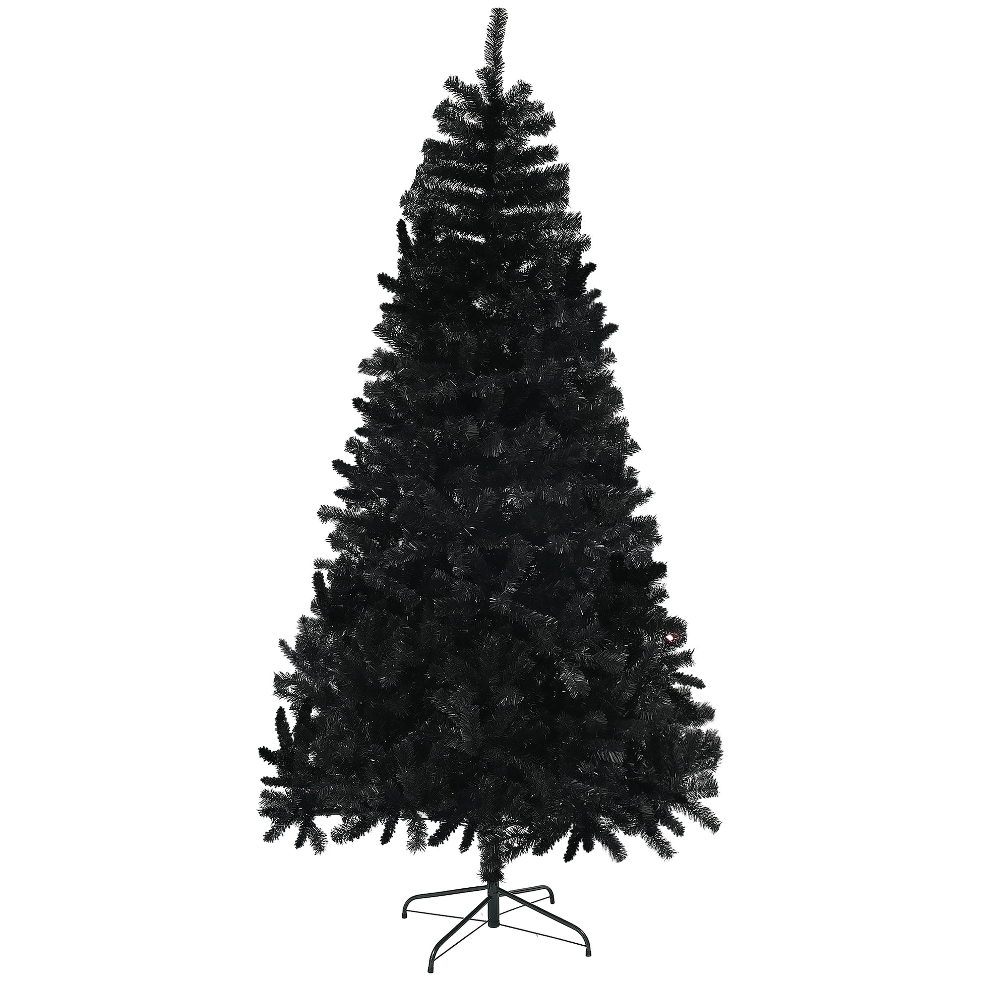 Tall full artificial black Christmas tree on a metal stand