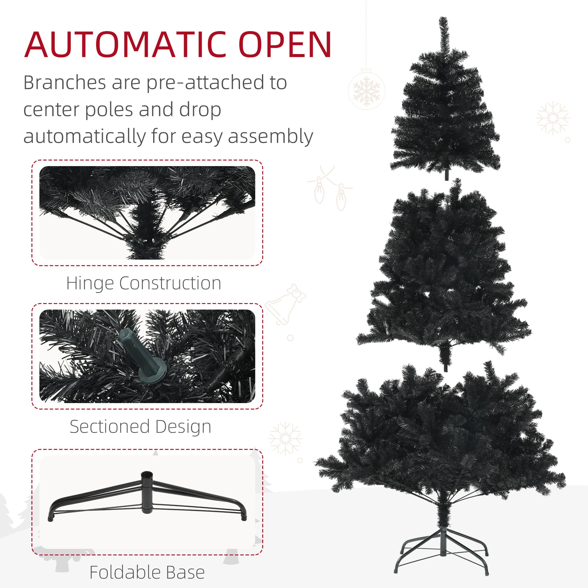 Black artificial Christmas tree with hinged branches and foldable base for easy assembly