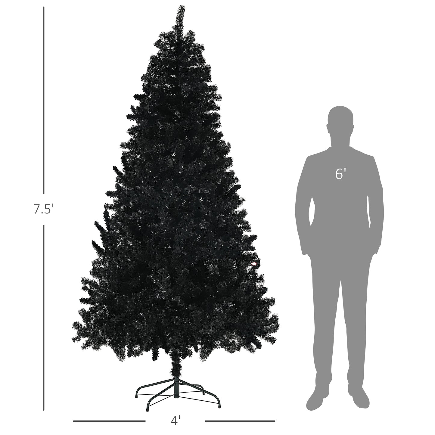 foot artificial black Christmas tree full silhouette with metal stand beside  foot scale figure