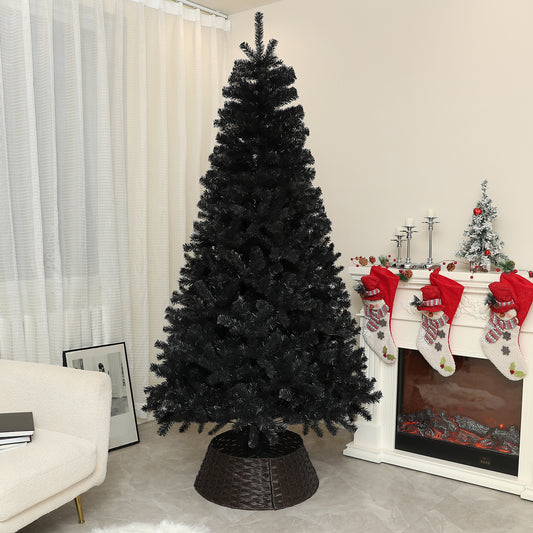 Tall artificial black Christmas tree with dense branches and a woven tree skirt base
