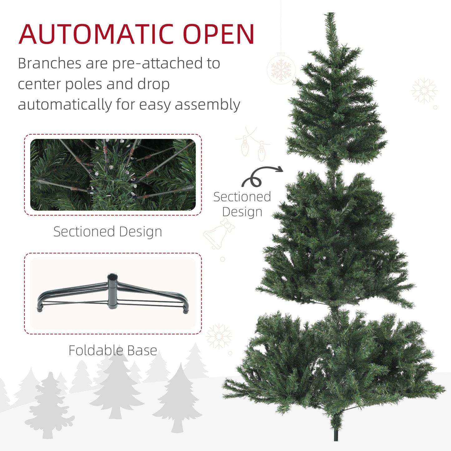 Artificial Christmas tree with realistic green branches and a foldable metal base for easy storage