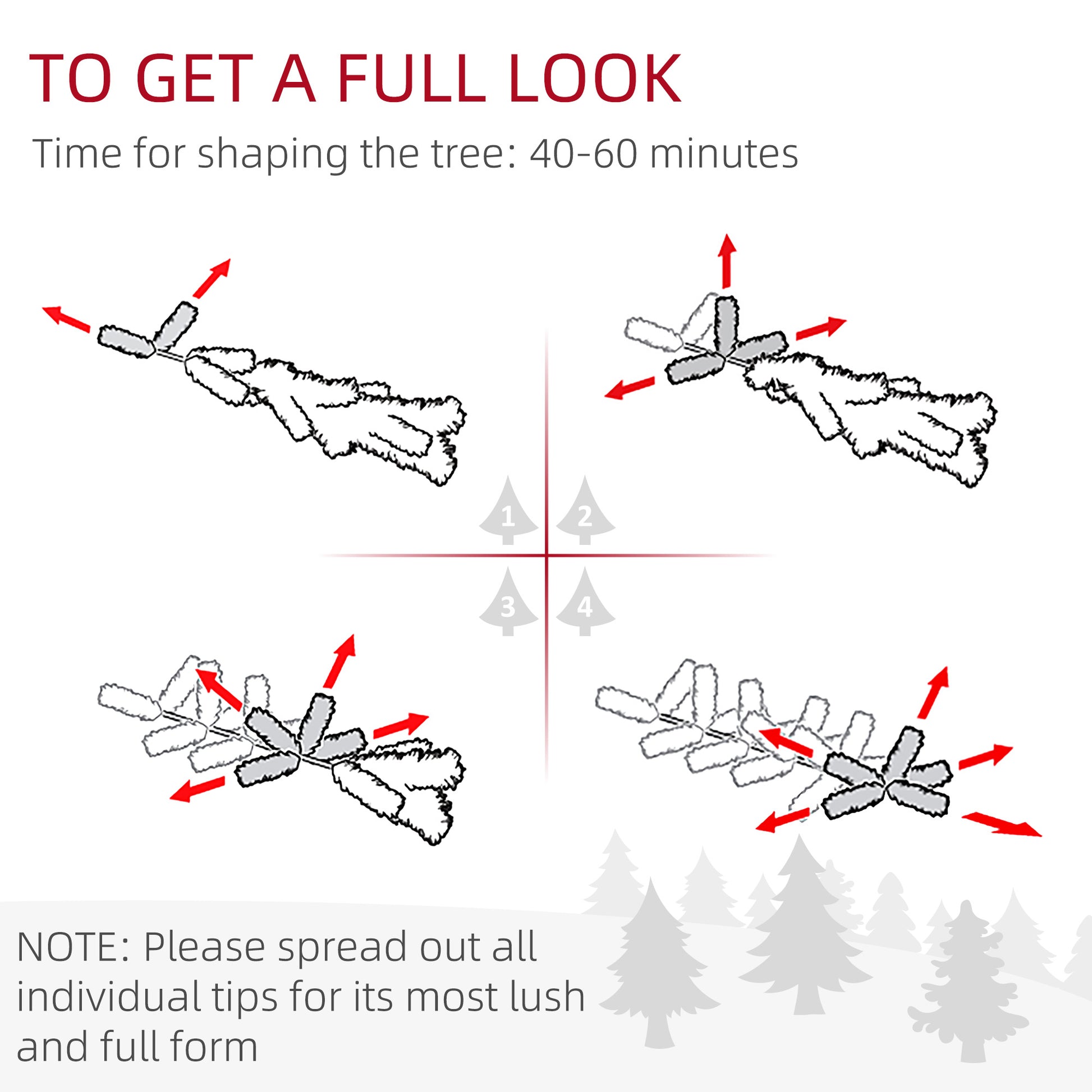 Diagram showing how to shape artificial Christmas tree branches with red arrows indicating movement