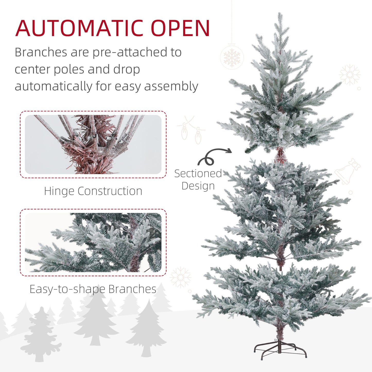Frosted artificial Christmas tree with hinged construction for easy setup