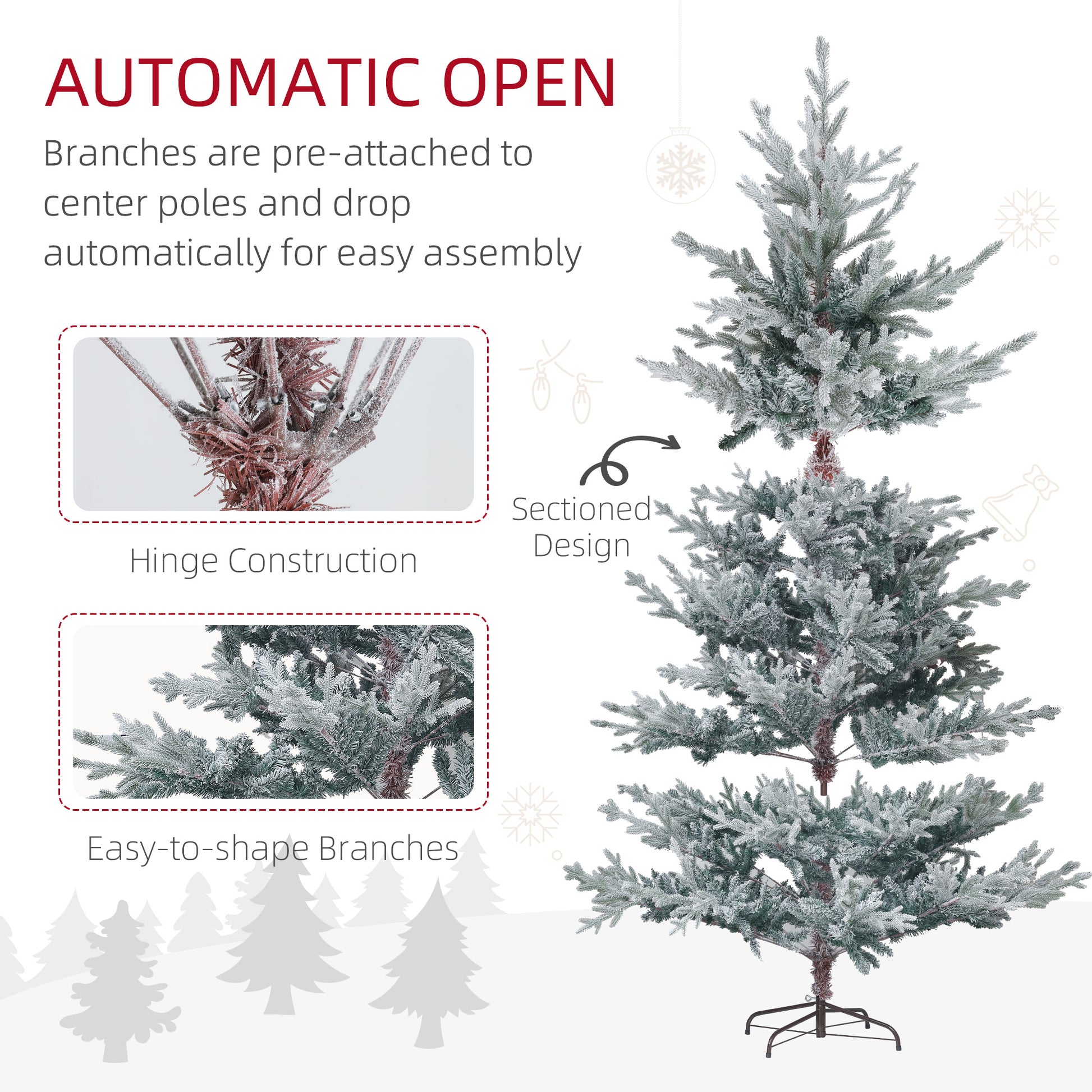 Frosted artificial Christmas tree with hinged construction for easy setup