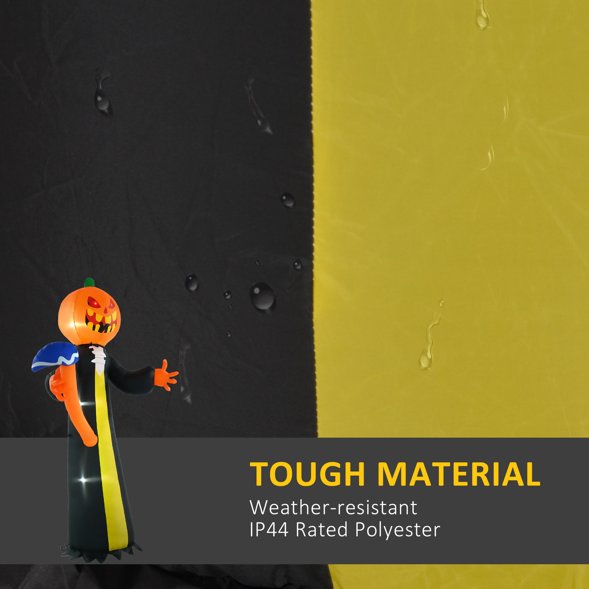 Inflatable black and yellow Halloween decoration with a pumpkin head