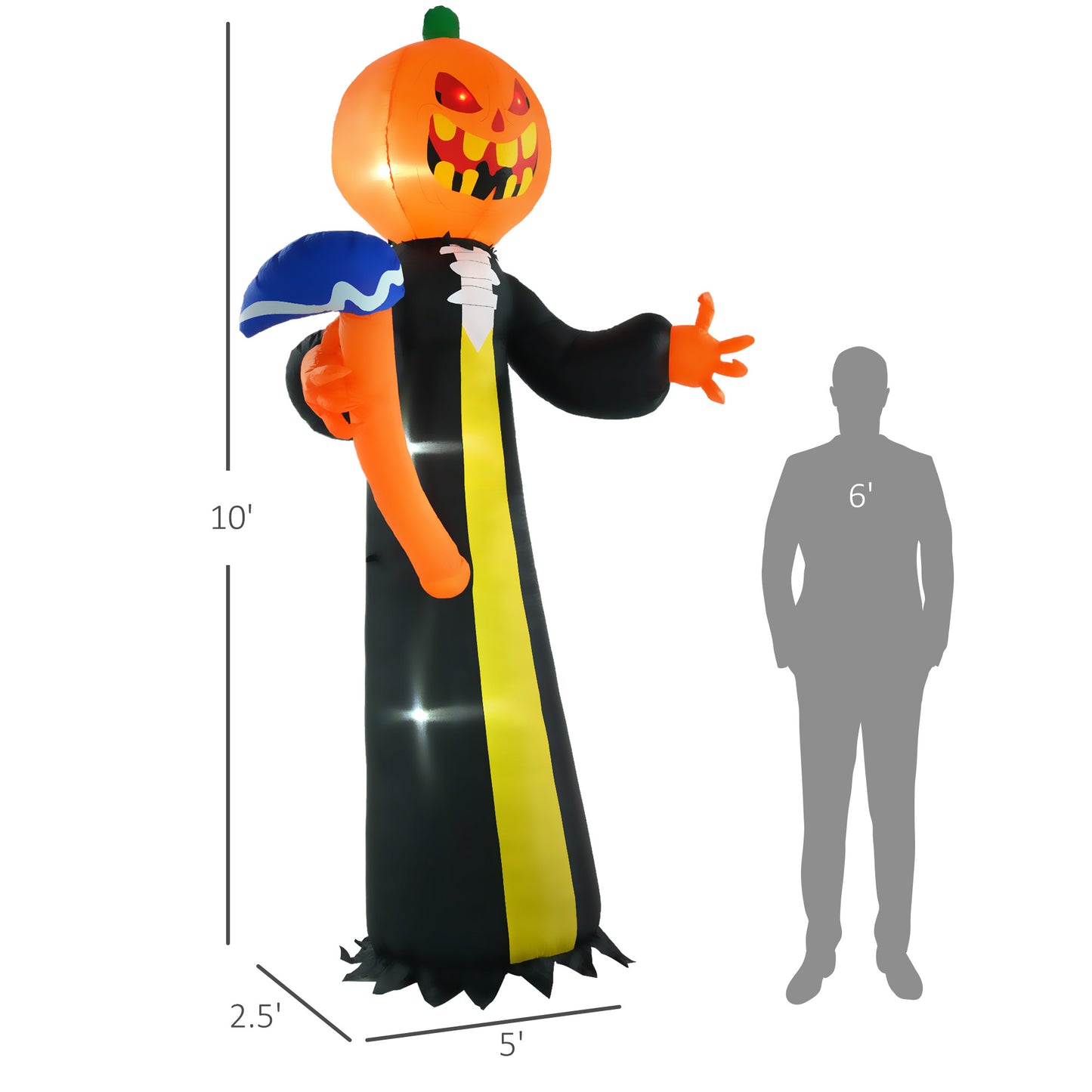 Large inflatable pumpkin reaper with glowing red eyes holding a scythe for Halloween