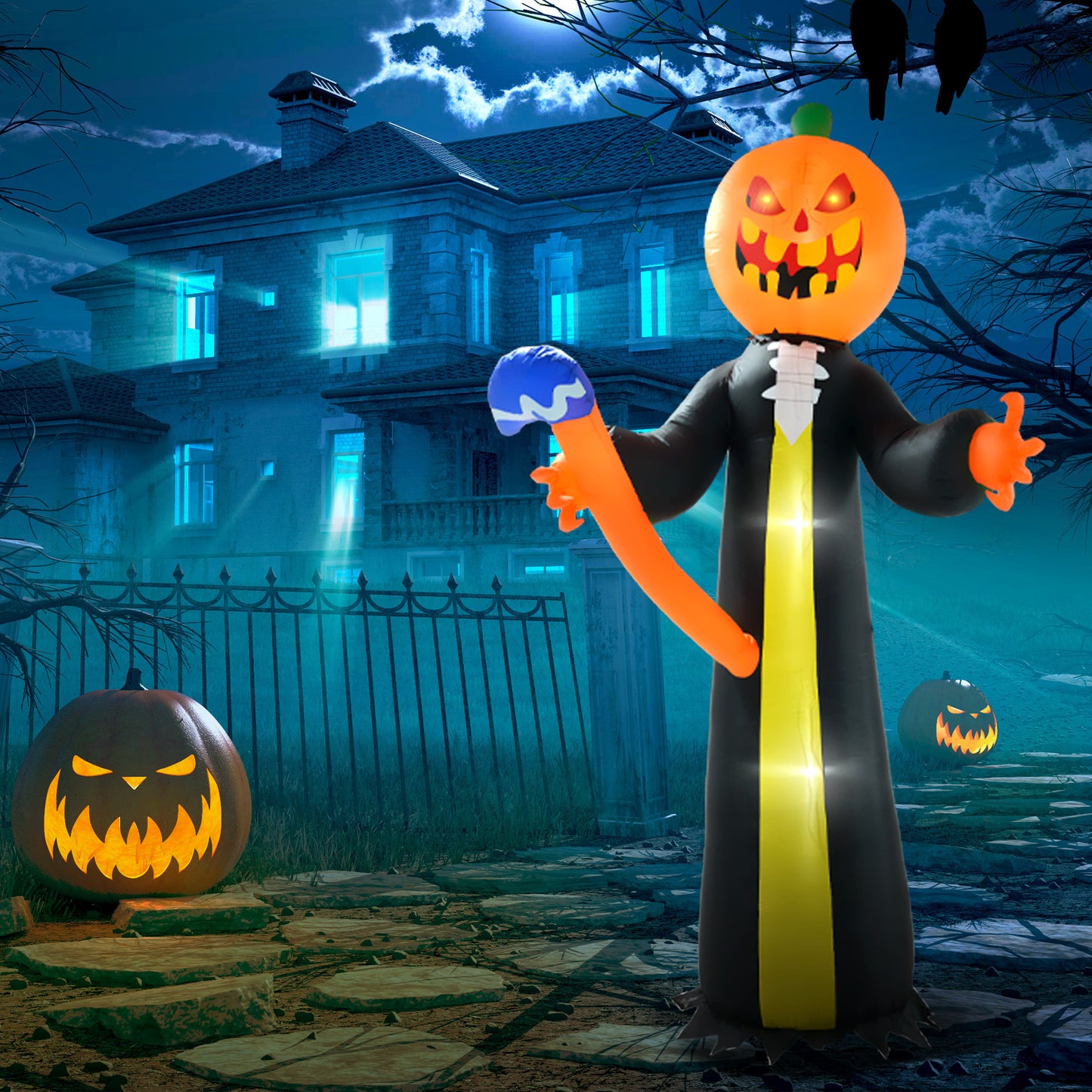 Scary inflatable pumpkin reaper decoration with glowing eyes for Halloween