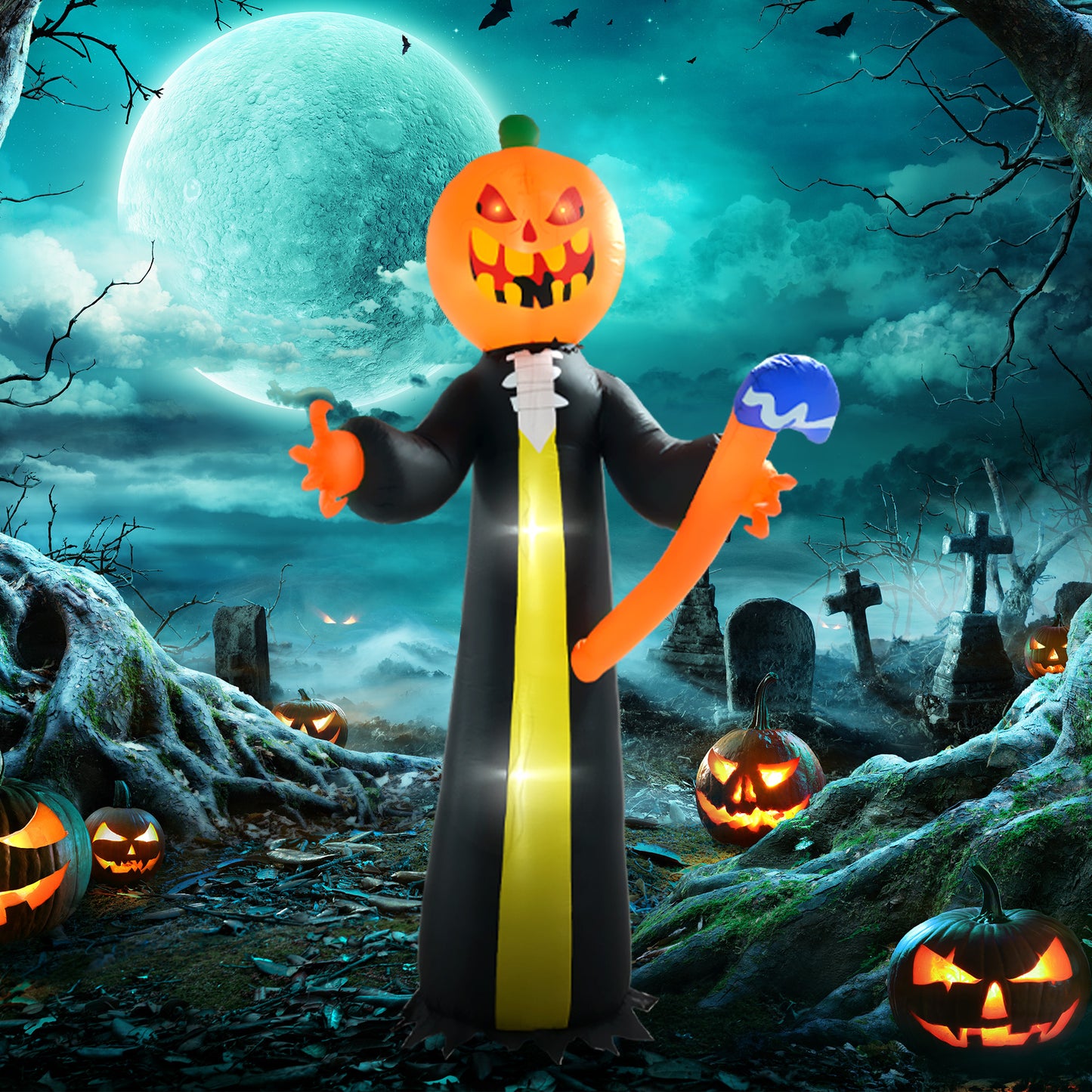 Giant inflatable pumpkin ghost with glowing eyes and black robe holding a candy cane for Halloween decoration