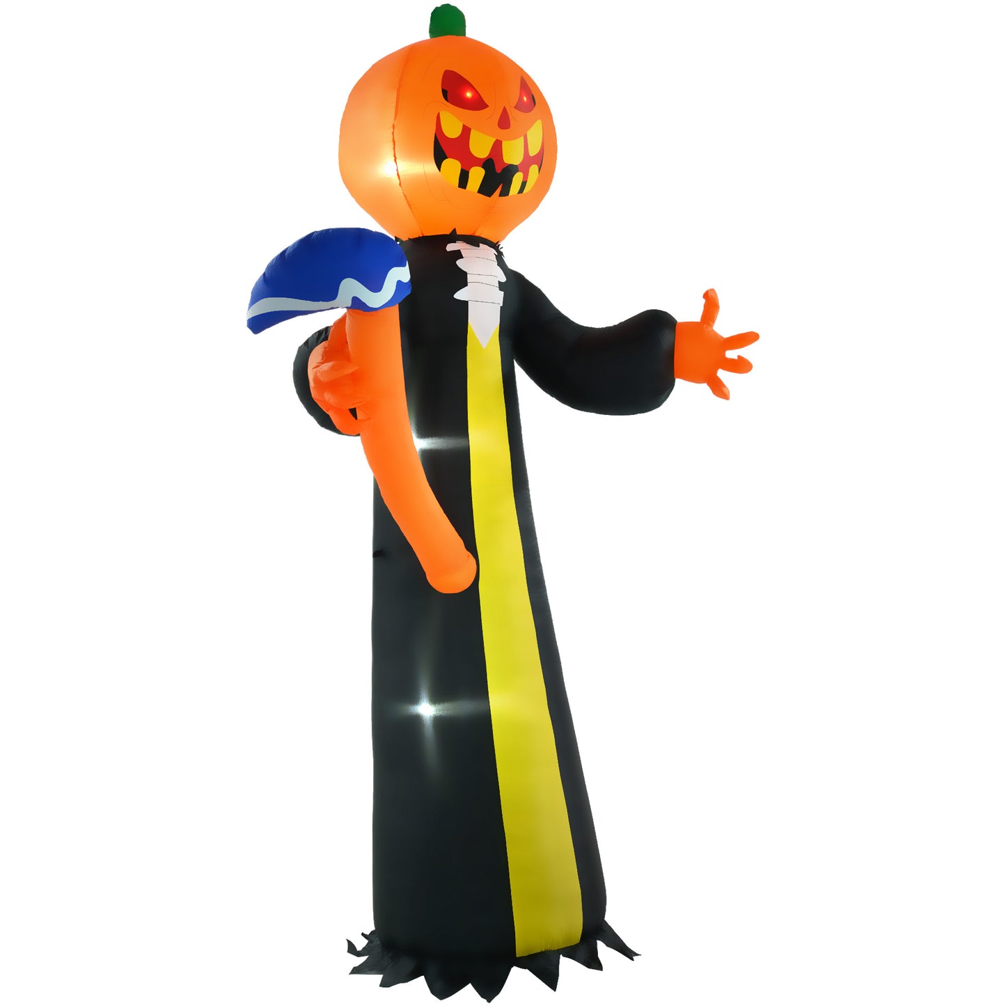 Scary pumpkin inflatable with glowing red eyes and a black robe for Halloween decor