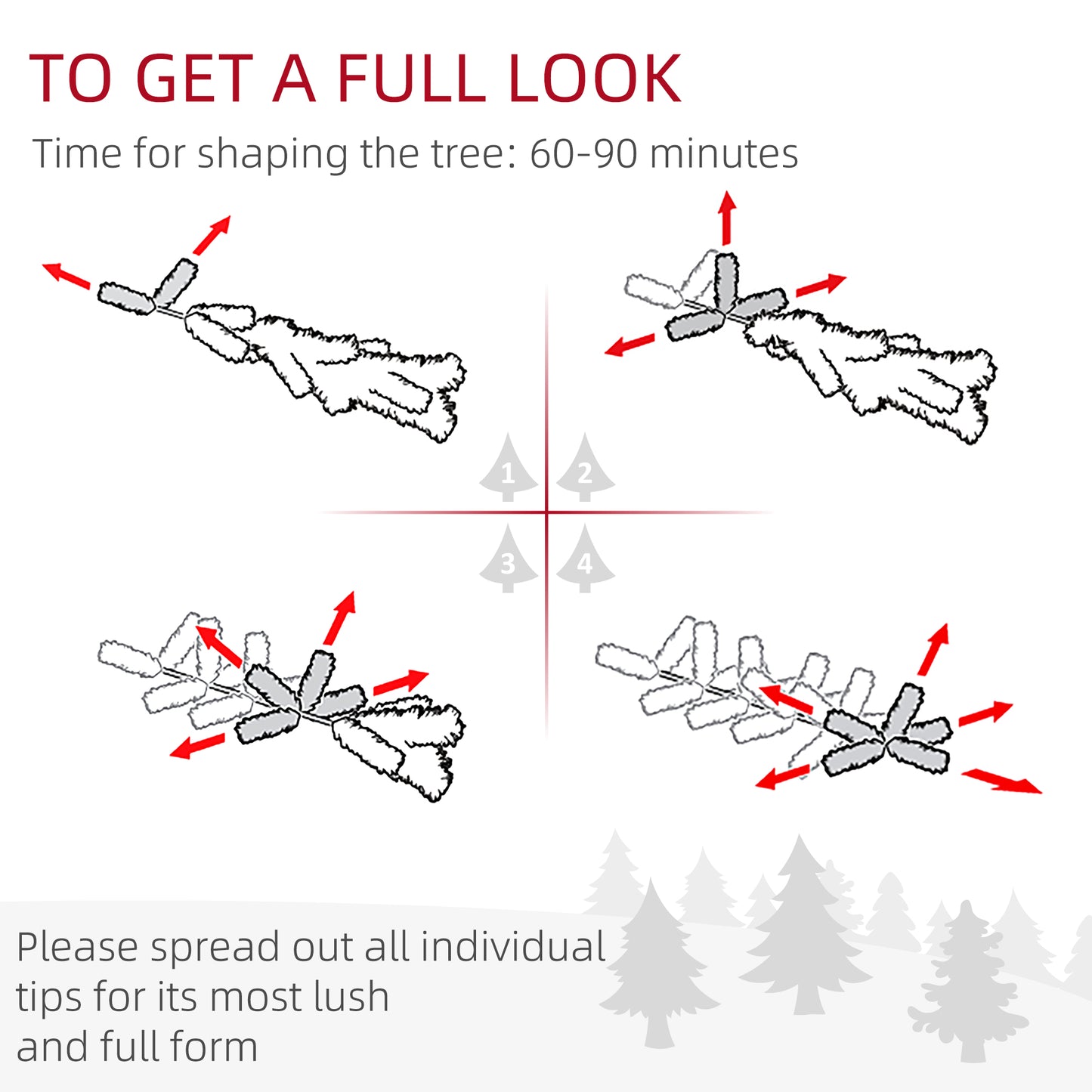 Diagram illustrating how to shape artificial Christmas tree branches with red arrows indicating outward movement for fullness