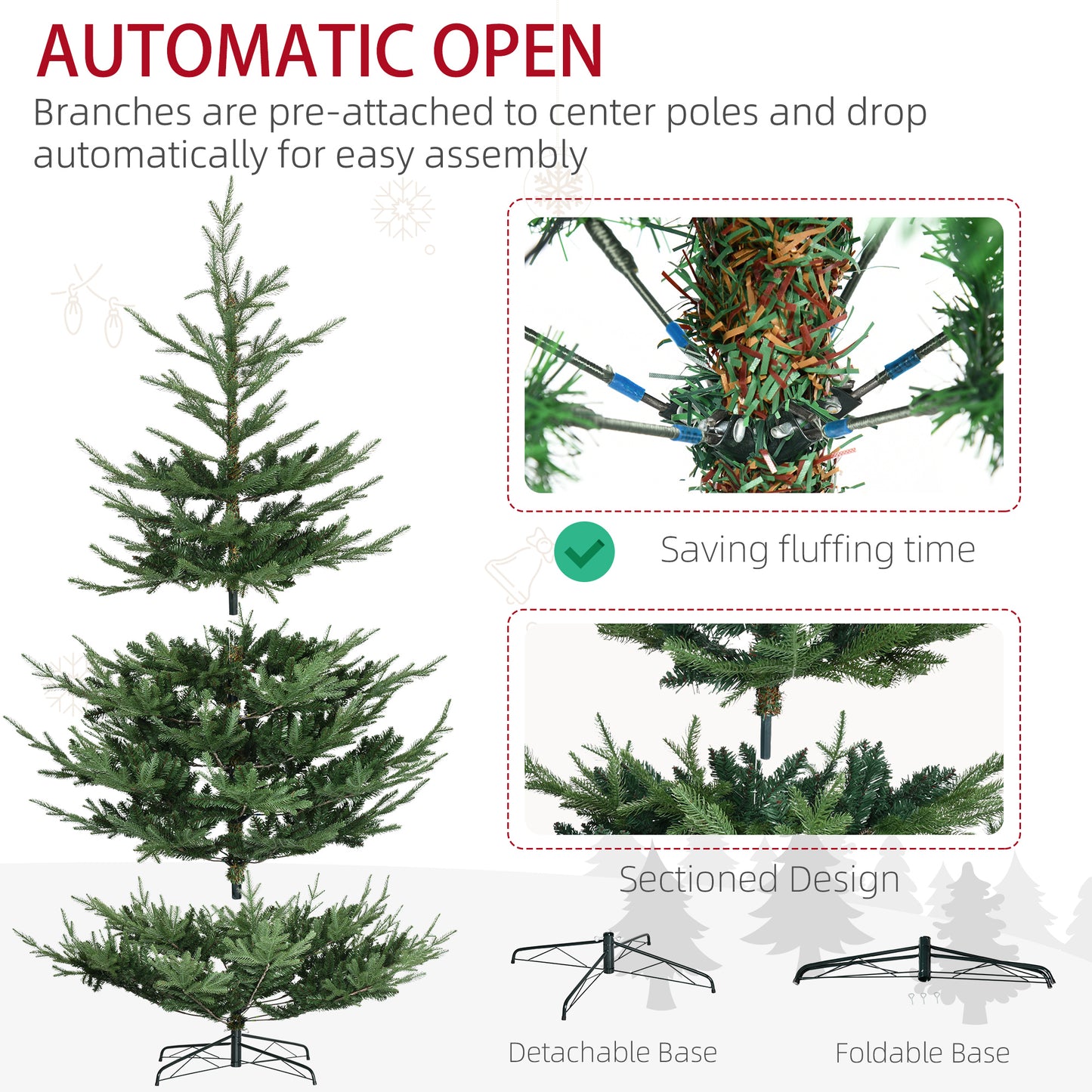 Full view of an automatic open artificial Christmas tree with preattached branches for easy assembly