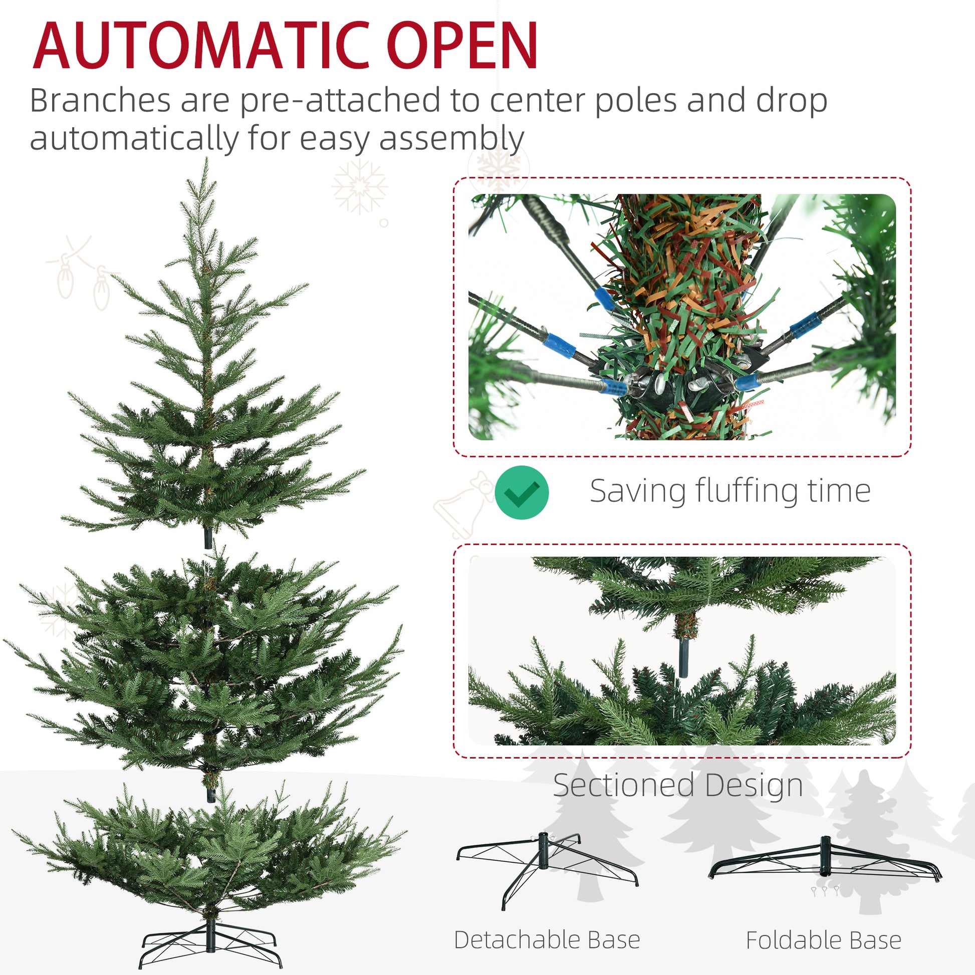 Full view of an automatic open artificial Christmas tree with preattached branches for easy assembly