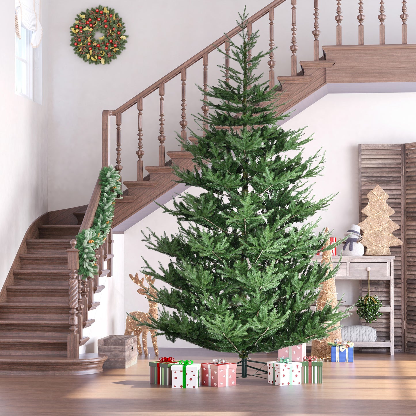Tall lush artificial Christmas tree with realistic green needles and a sturdy stand