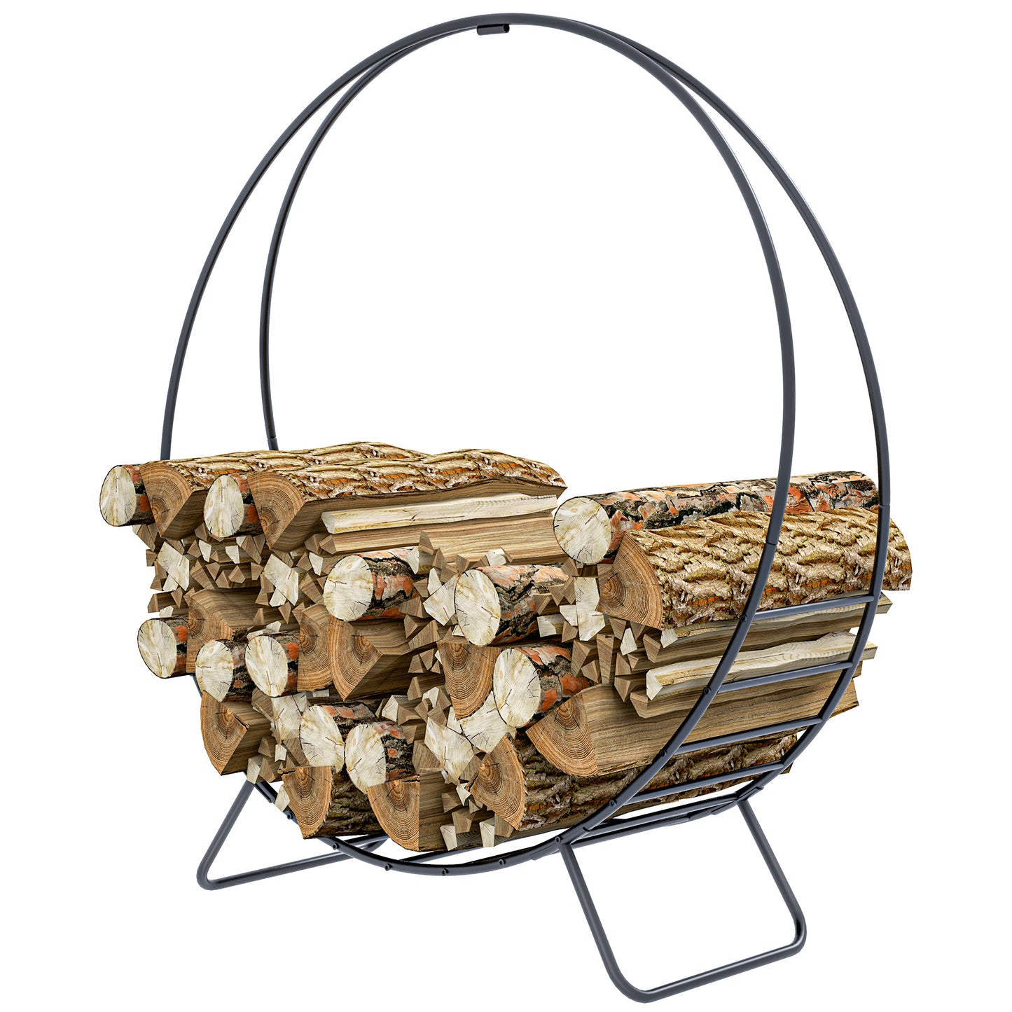 Modern black metal log holder brimming with neatly stacked firewood