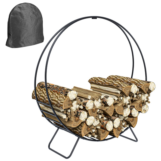 Round metal firewood rack with a protective gray cover ideal for outdoor use