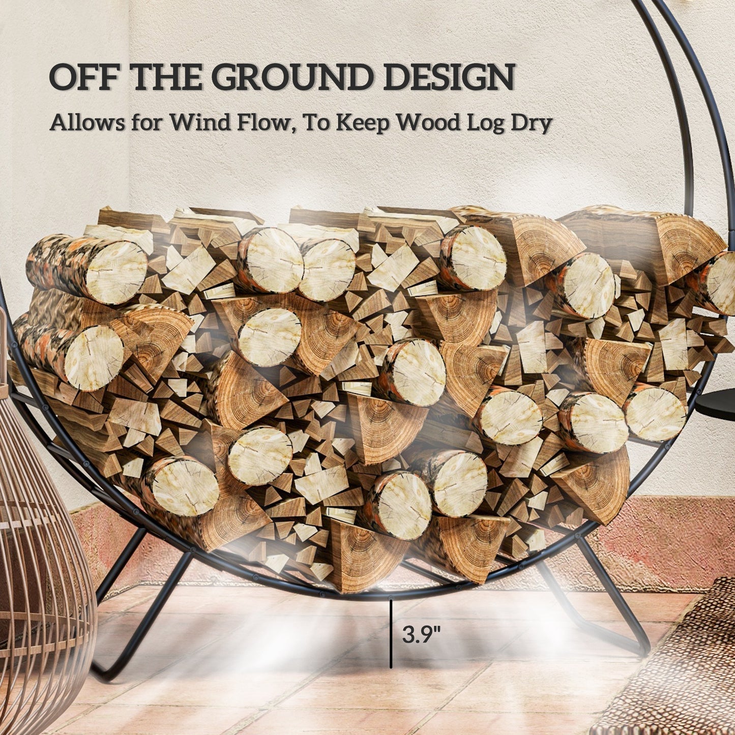 Curved black metal firewood rack filled with neatly stacked logs showcasing offtheground design