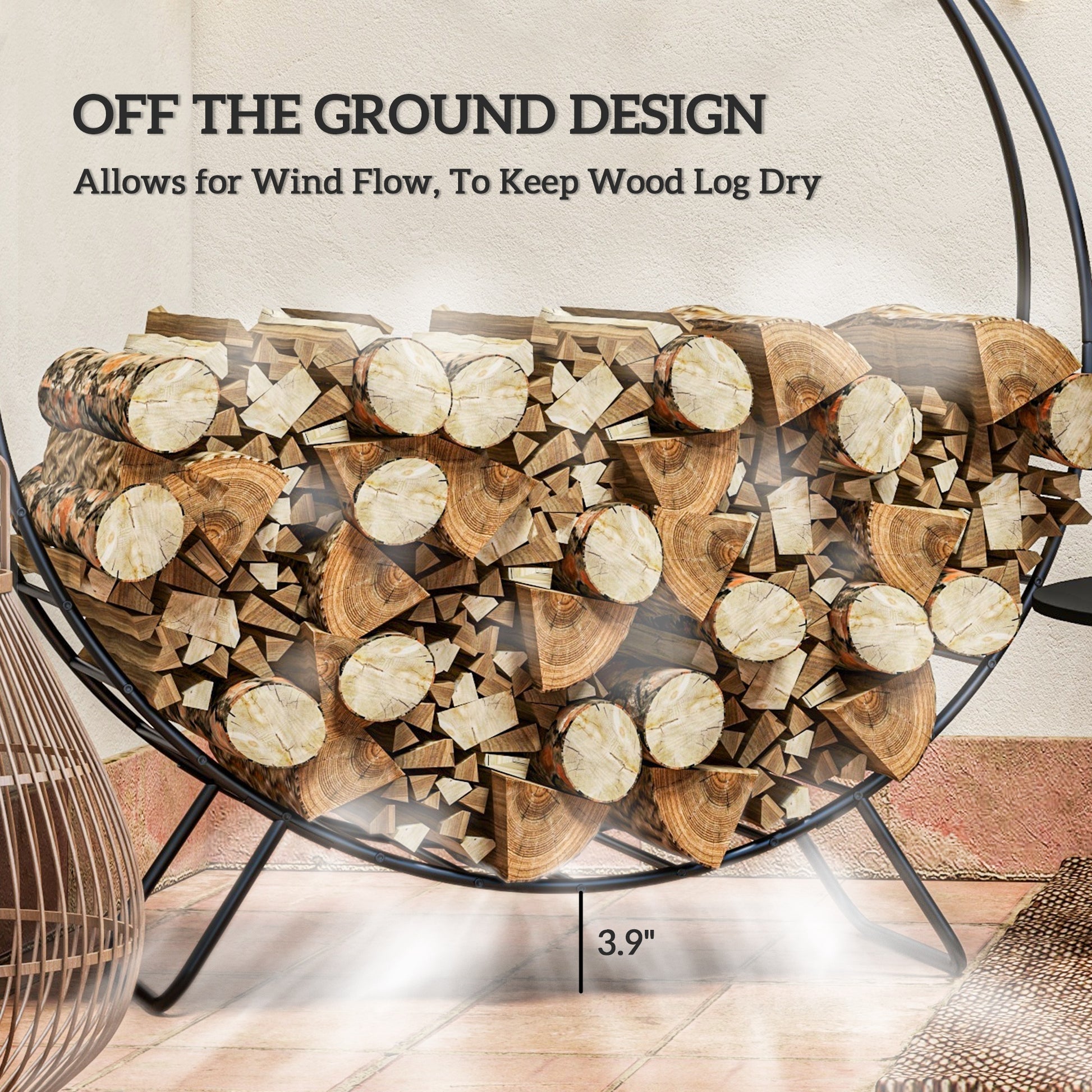 Curved black metal firewood rack filled with neatly stacked logs showcasing offtheground design