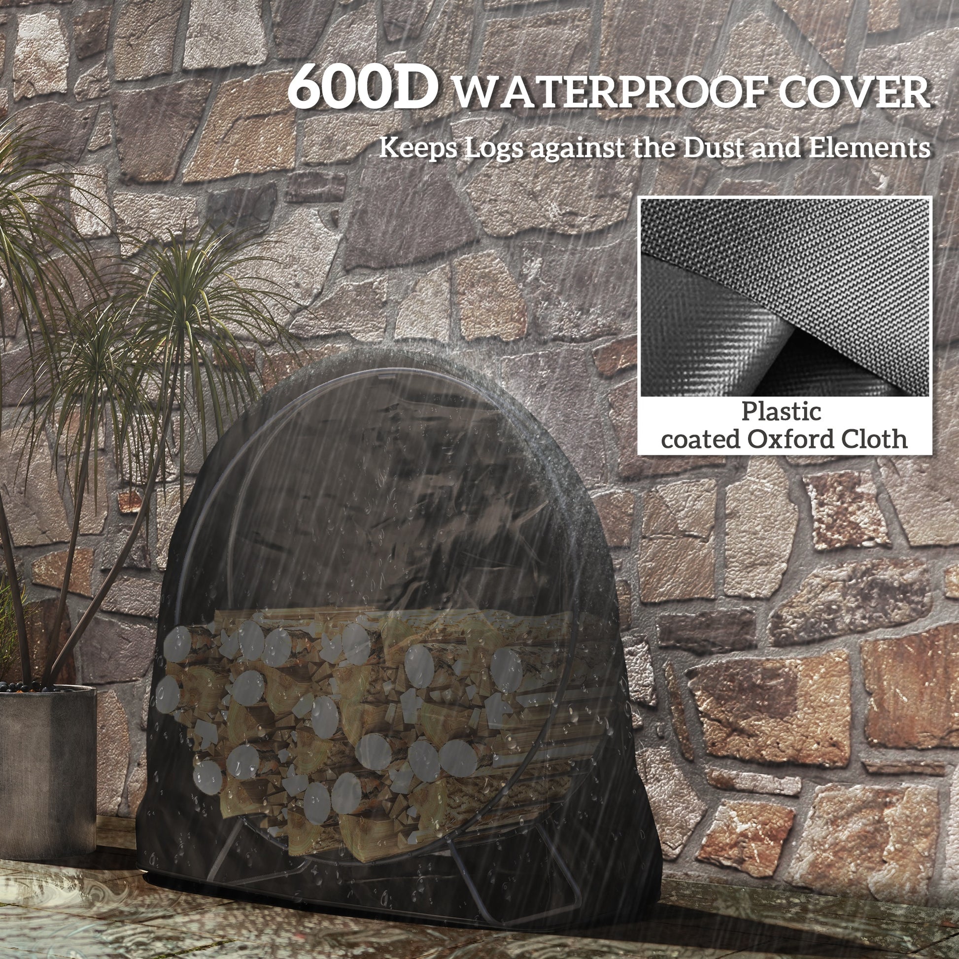 Black D waterproof cover protecting stacked firewood outdoors