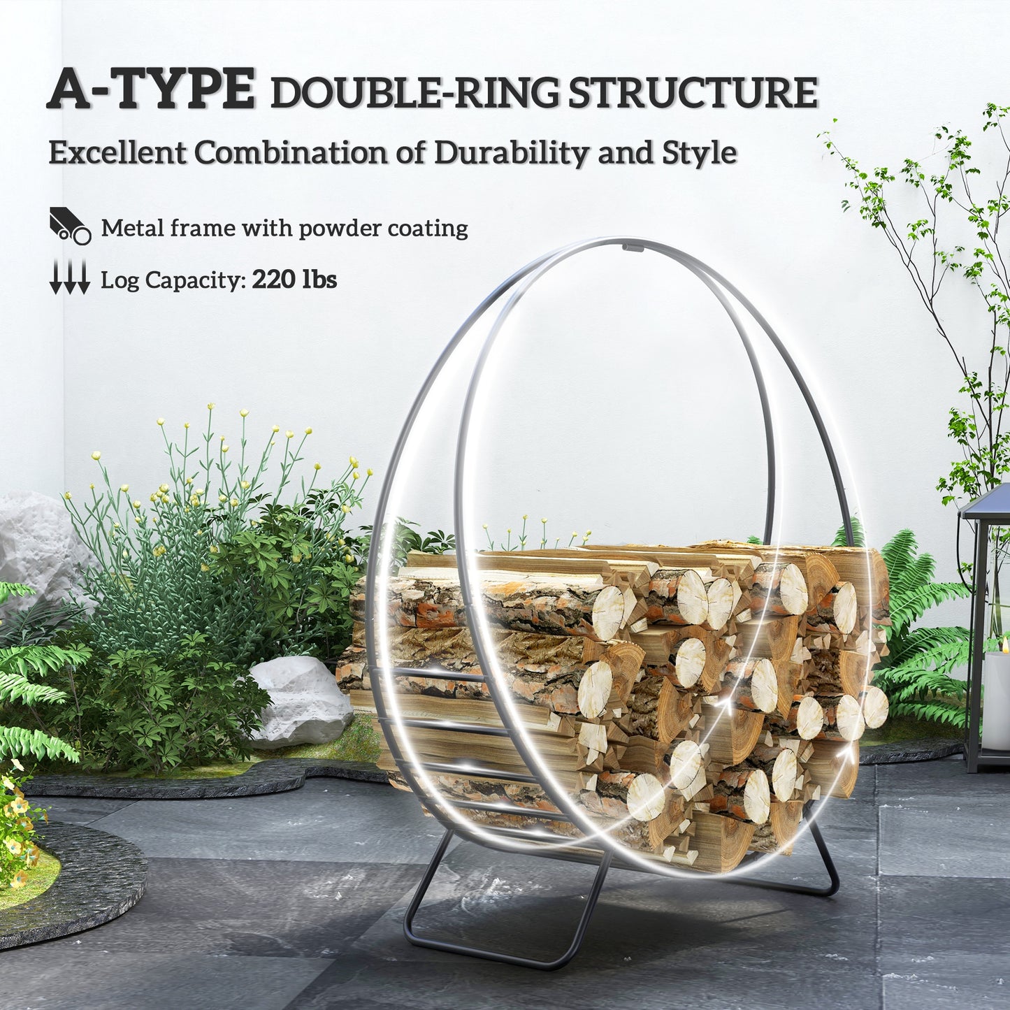 Modern black metal log holder with a doublering structure and full load of firewood