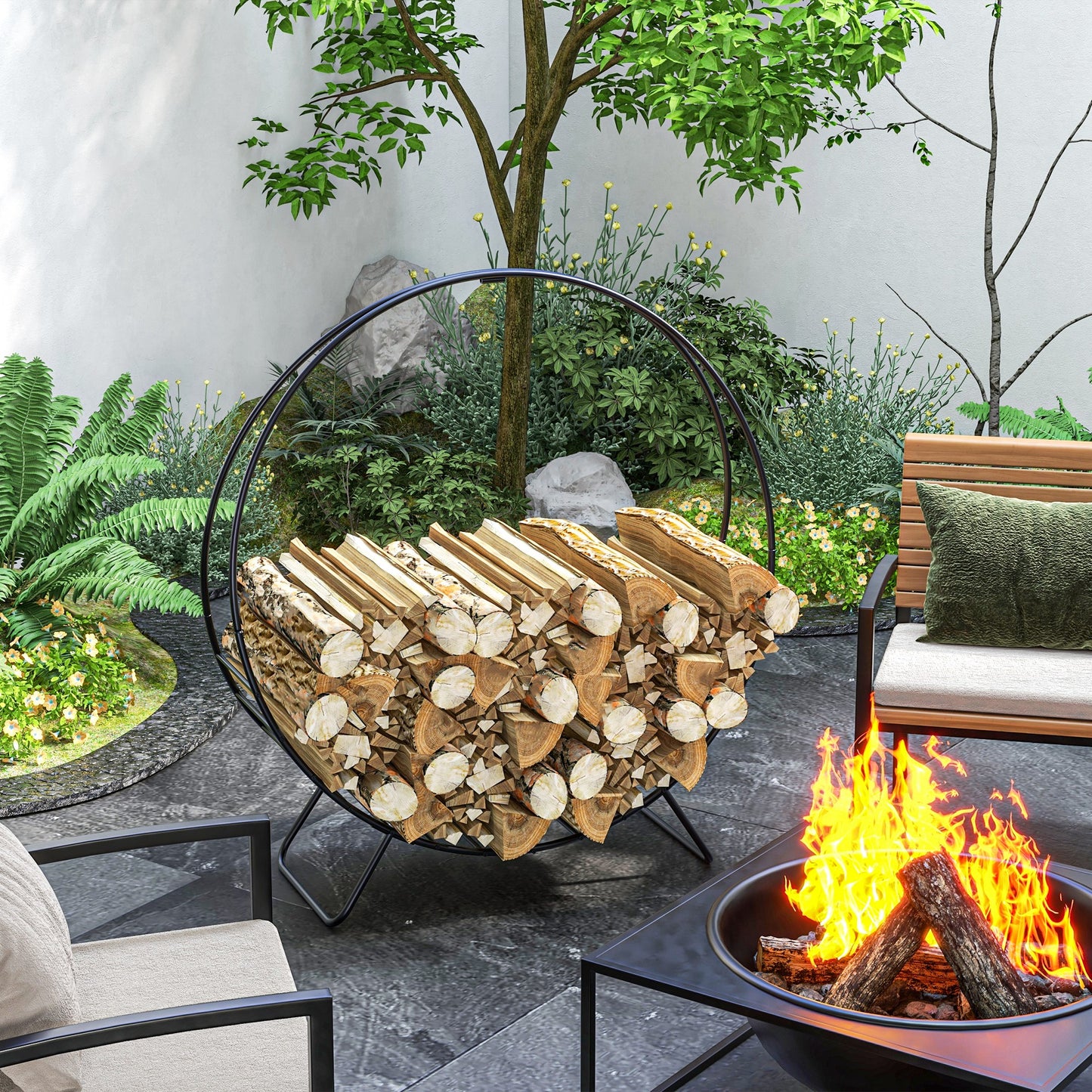 Circular black metal log rack filled with neatly stacked firewood outdoor patio decor