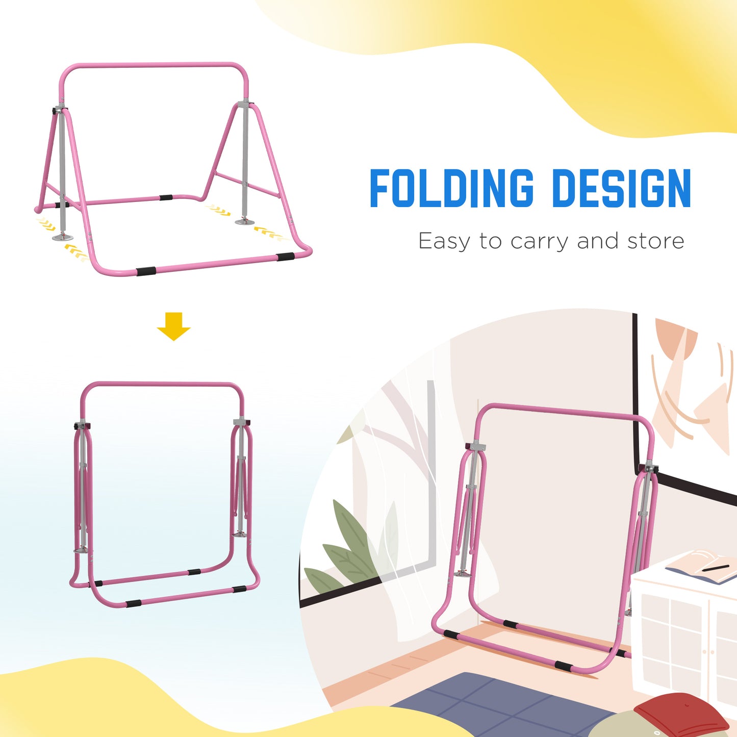 Pink metal childrens gymnastics bar in expanded and folded positions