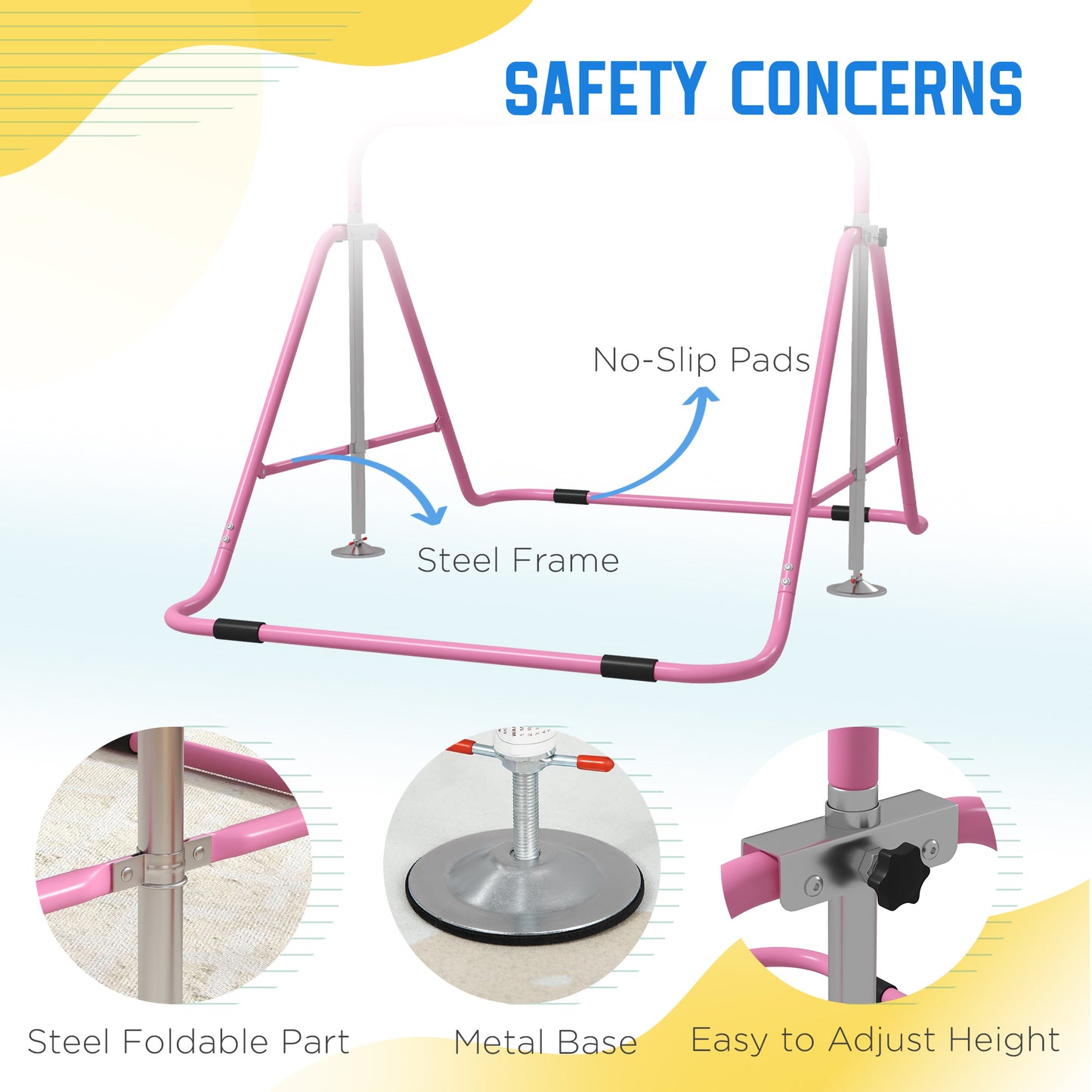 Pink steel frame for toddler gymnastics equipment with noslip pads