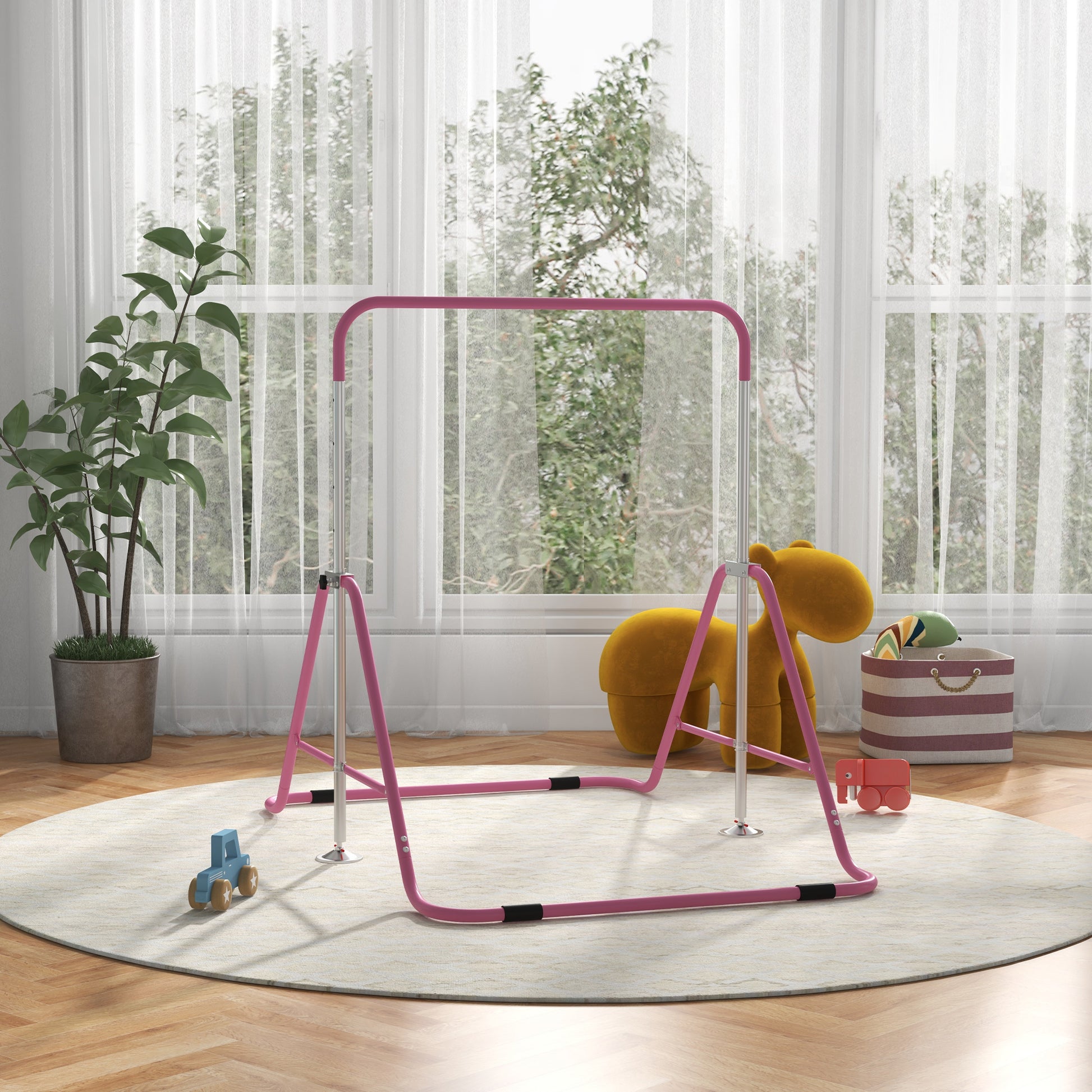 Pink and silver adjustable gymnastics bar for kids perfect for home practice