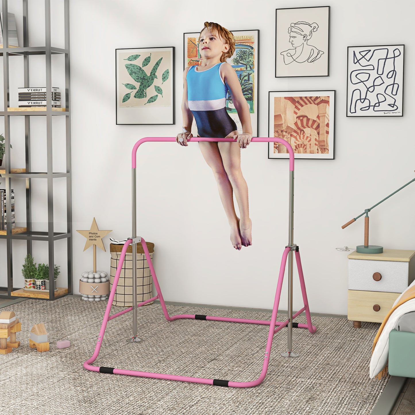 Child performing a pullup on a pink and silver horizontal bar ideal for gymnastics practice at home