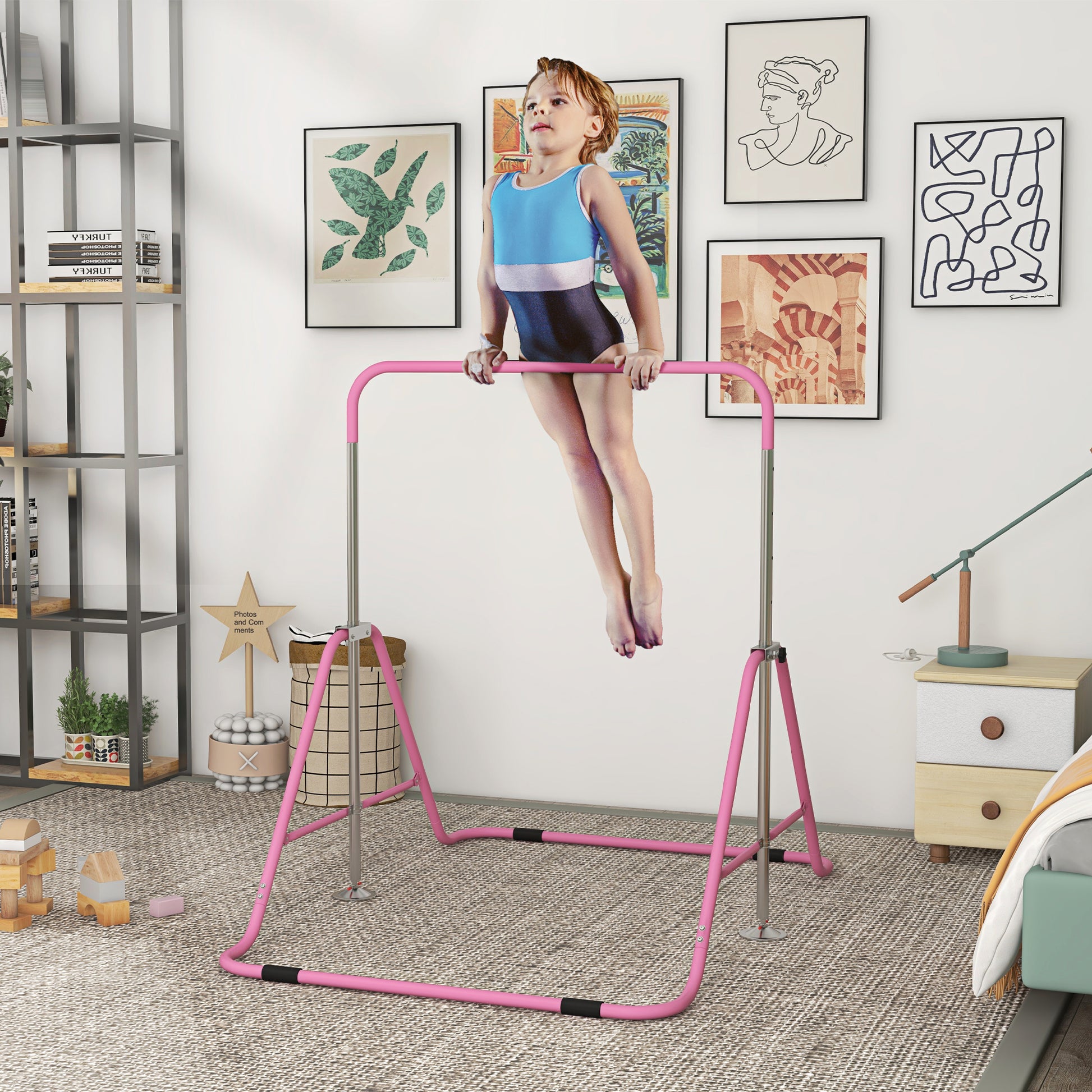 Child performing a pullup on a pink and silver horizontal bar ideal for gymnastics practice at home