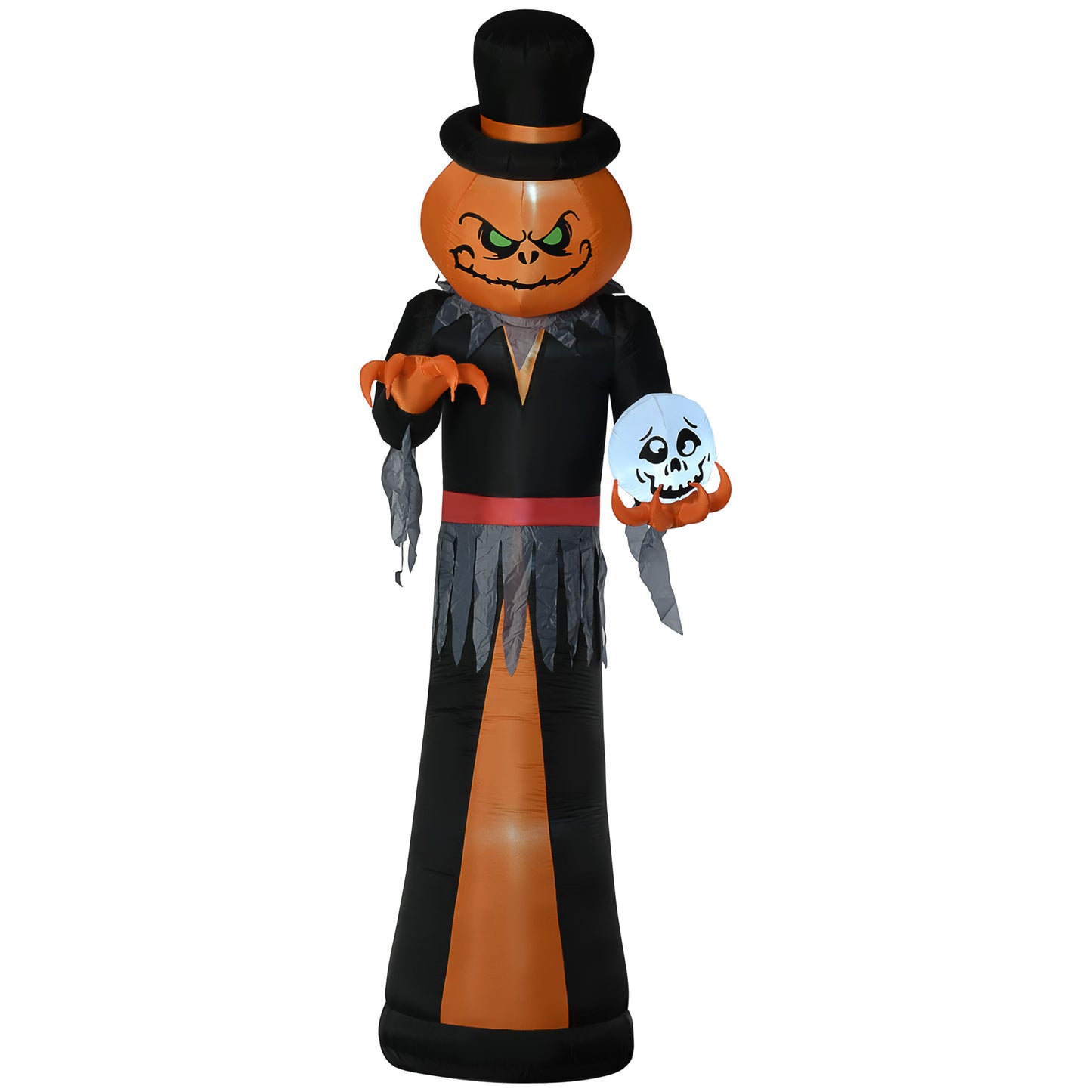 Tall inflatable pumpkin character in black suit and top hat holding a small skull perfect for yard decor