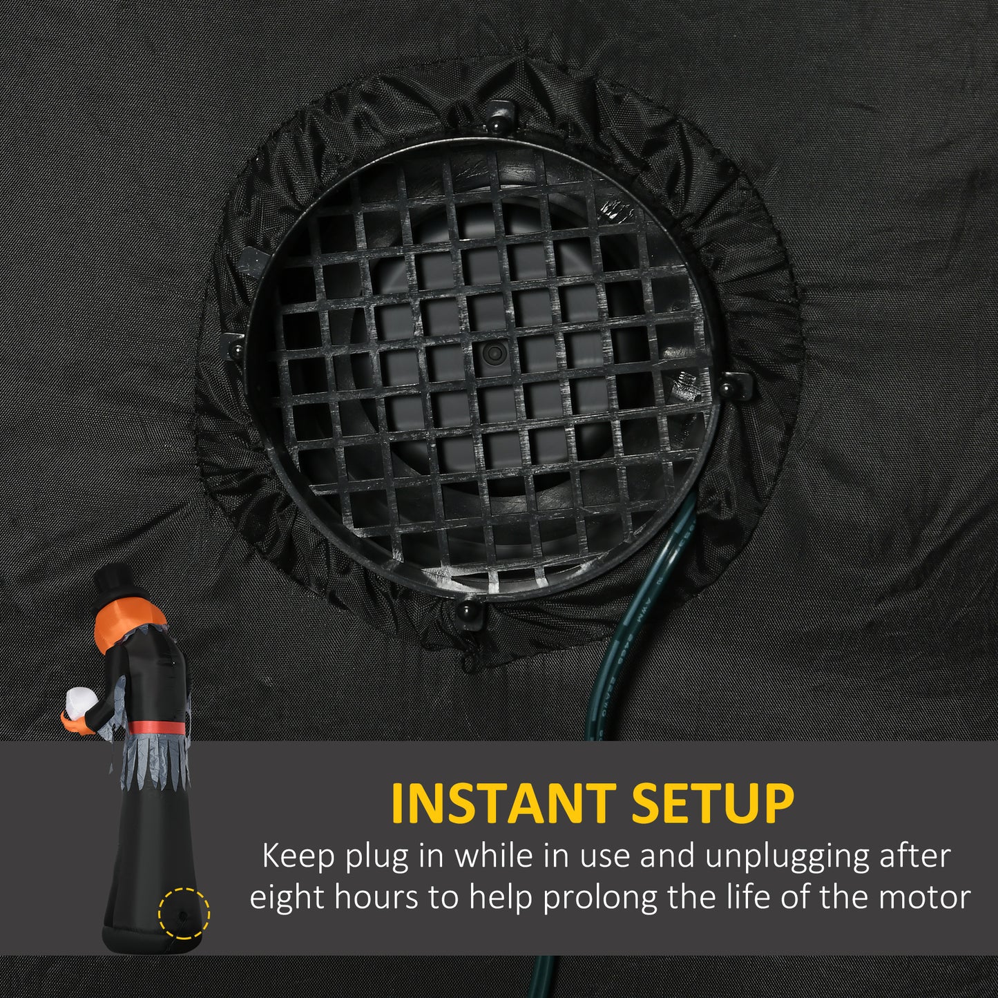 Black inflatable Halloween ghost with pumpkin head featuring a builtin fan for instant setup