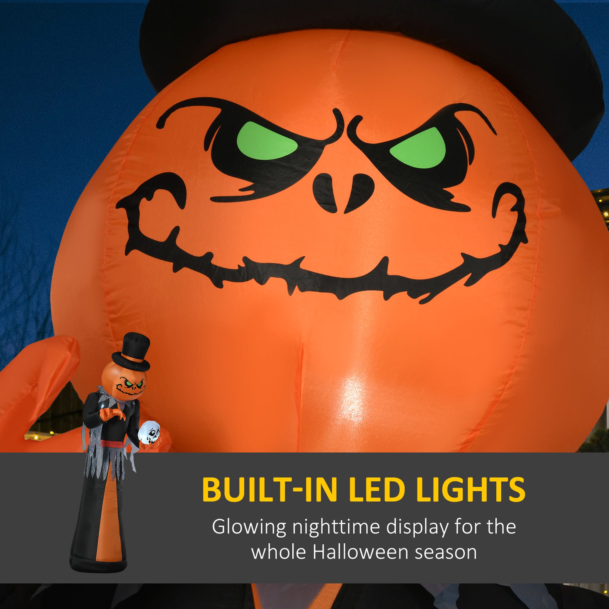 Giant inflatable orange pumpkin with a spooky face and black hat for Halloween