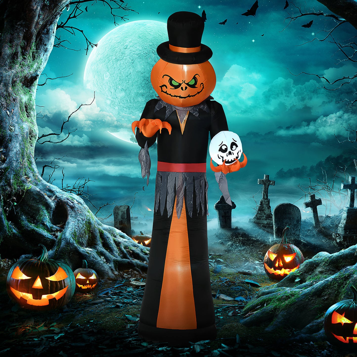 Tall inflatable Jack OLantern figure with a black top hat holding a skull decoration perfect for Halloween yard displays