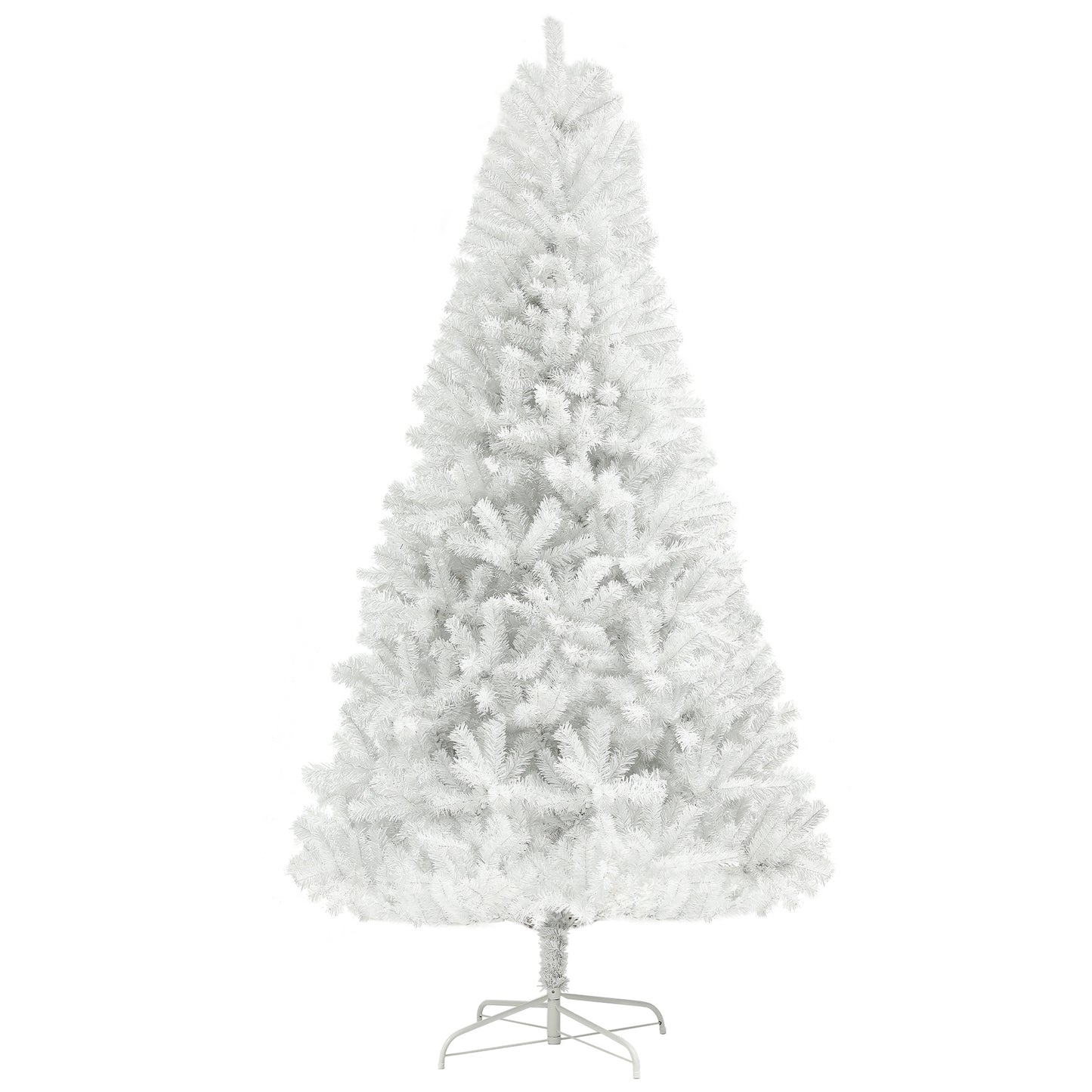 Full shot of a white artificial Christmas tree with a metal stand